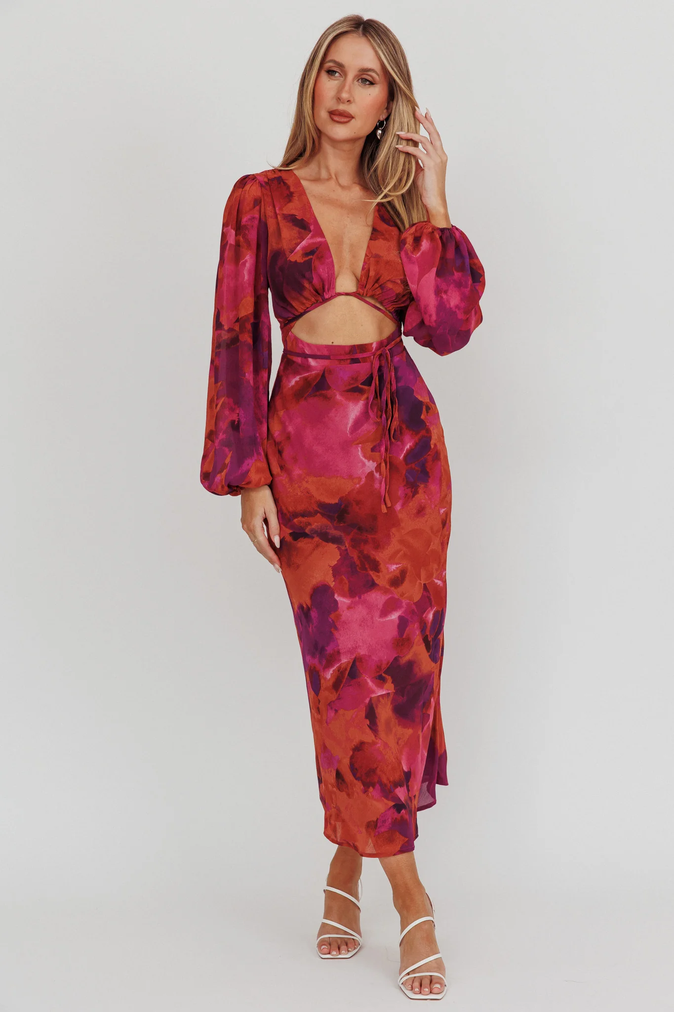 Aurora Dreams Cut-Out Waist Midi Dress Dark Rose - Sonourner
