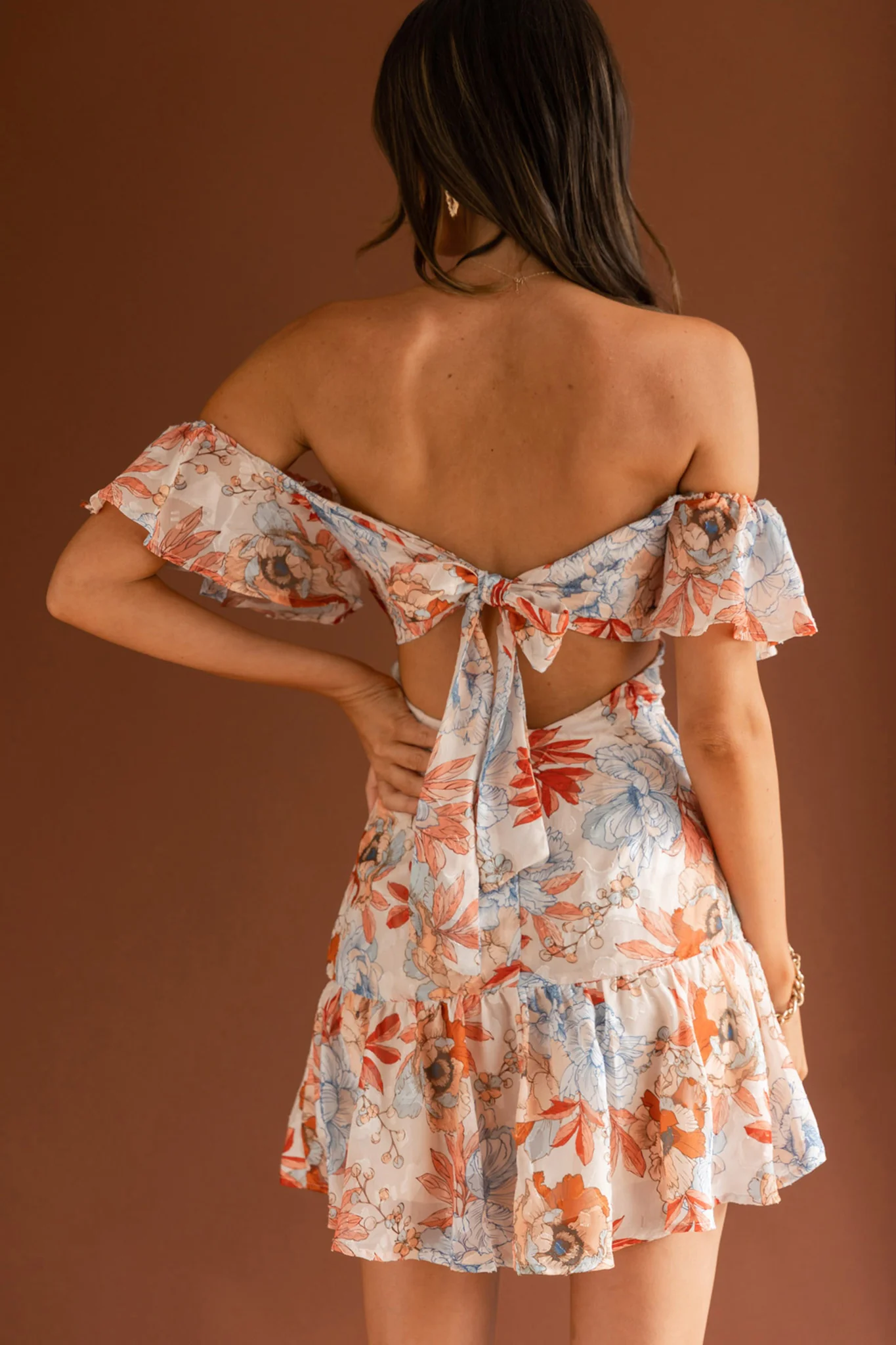 Park Avenue Flutter Sleeve Mini Dress Floral Peach - Sonourner
