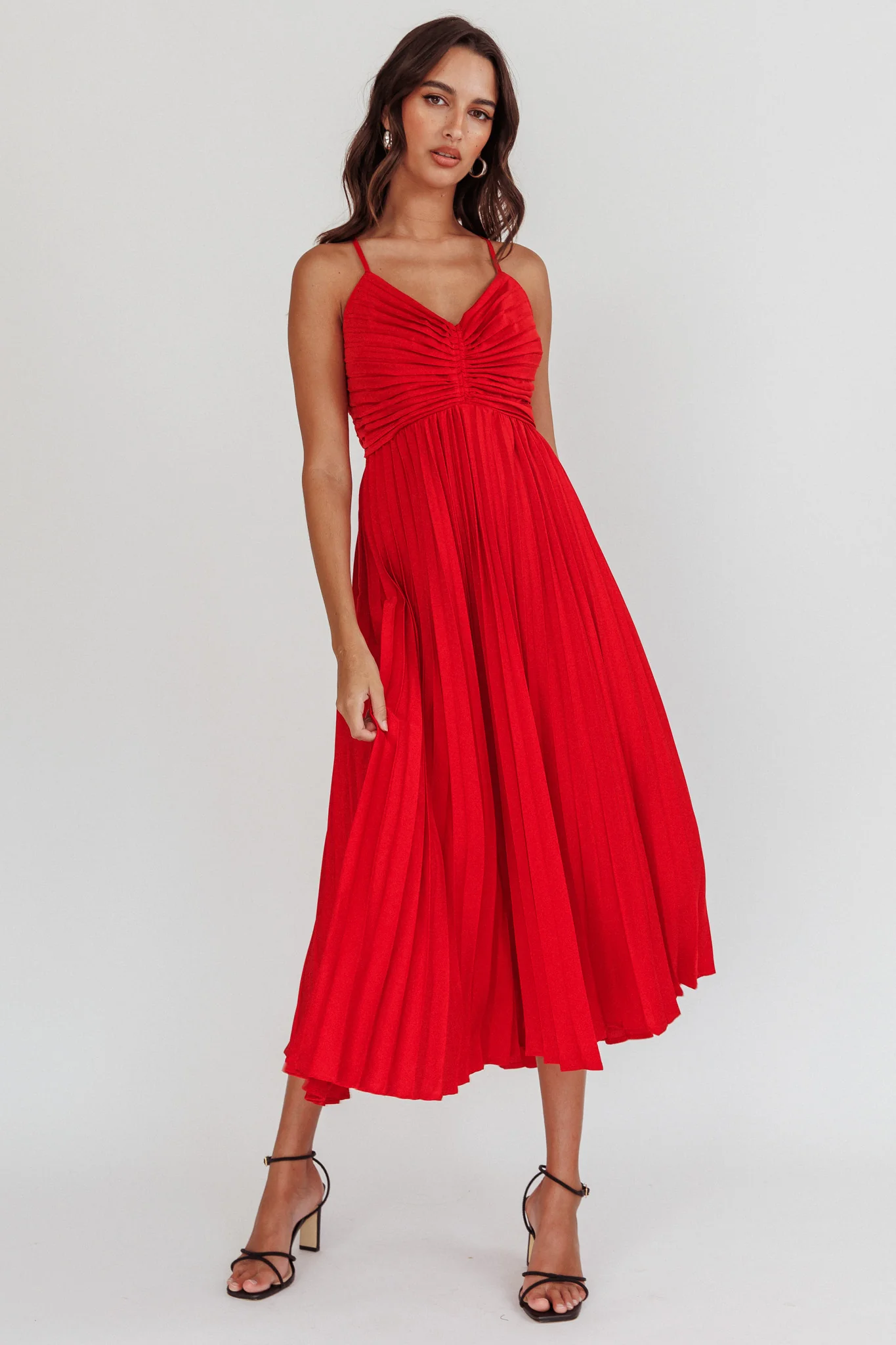 Spoken For Accordion Pleat Midi Dress Red - Sonourner