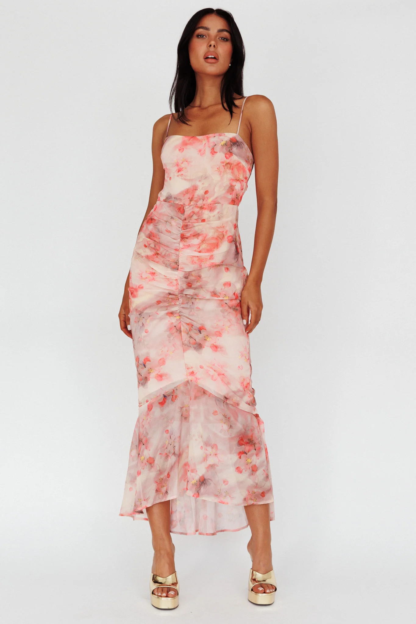 Sayna Ruched Front Midi Dress Floral Pink - Sonourner