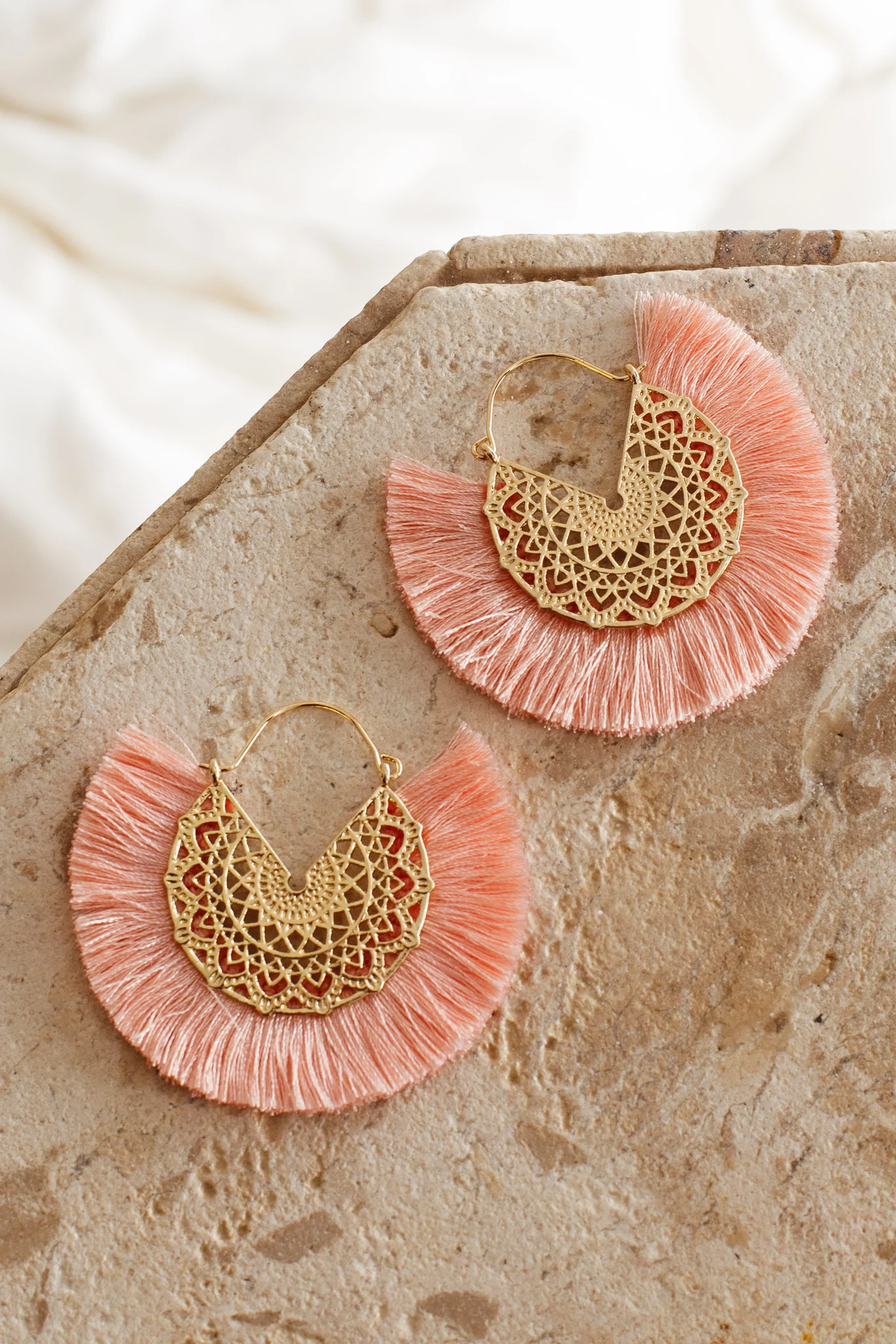 Bali Gold Filigree Fringing Earrings Pink - Sonourner