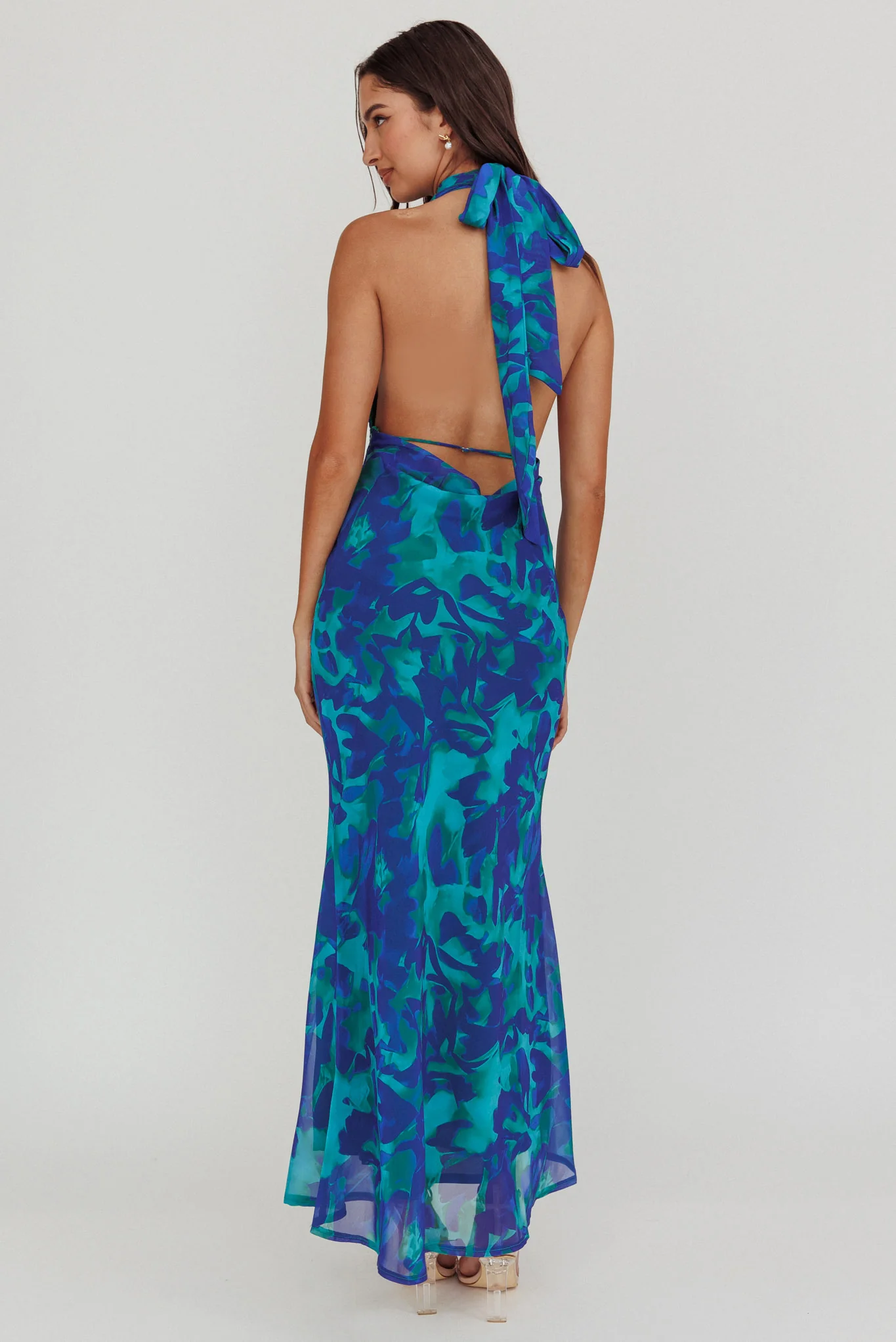 Italia Azure Halterneck Maxi Dress Abstract Blue - Sonourner