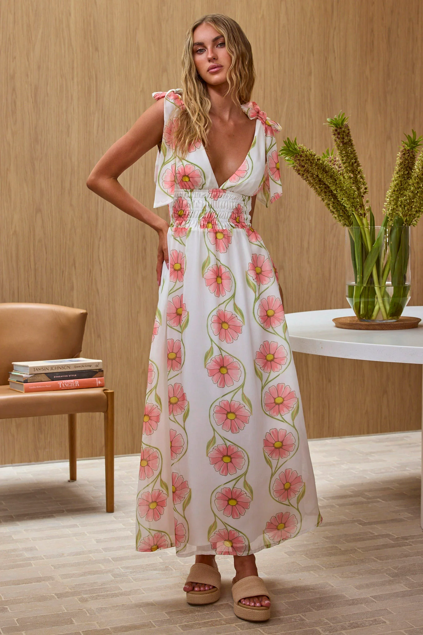Equator Tied Shoulder Shirred Maxi Dress Floral Pink - Sonourner
