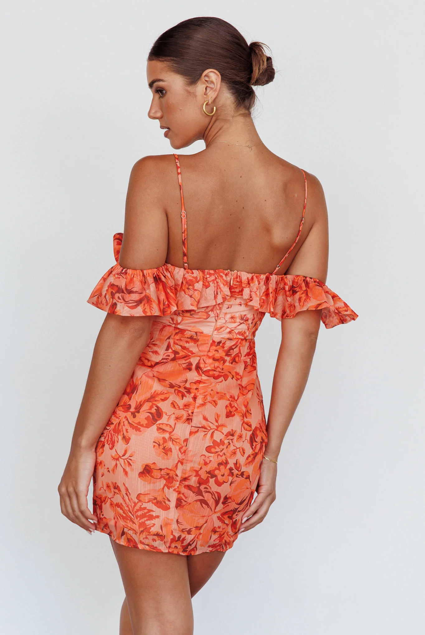 Catania Off-Shoulder Ruffle Mini Dress Floral Orange - Sonourner