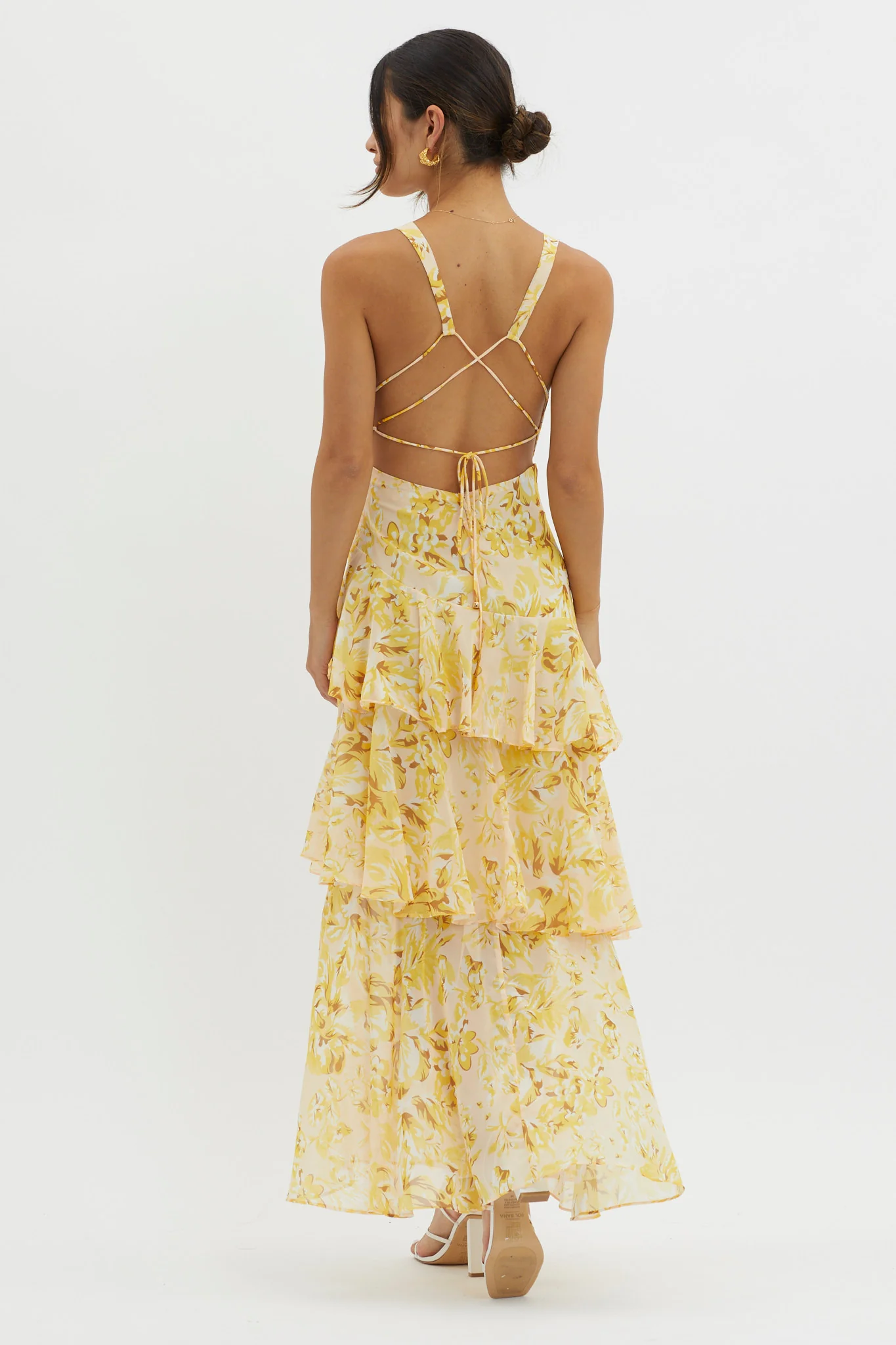 Veda Strappy Back Ruffle Midi Dress Floral Yellow - Sonourner
