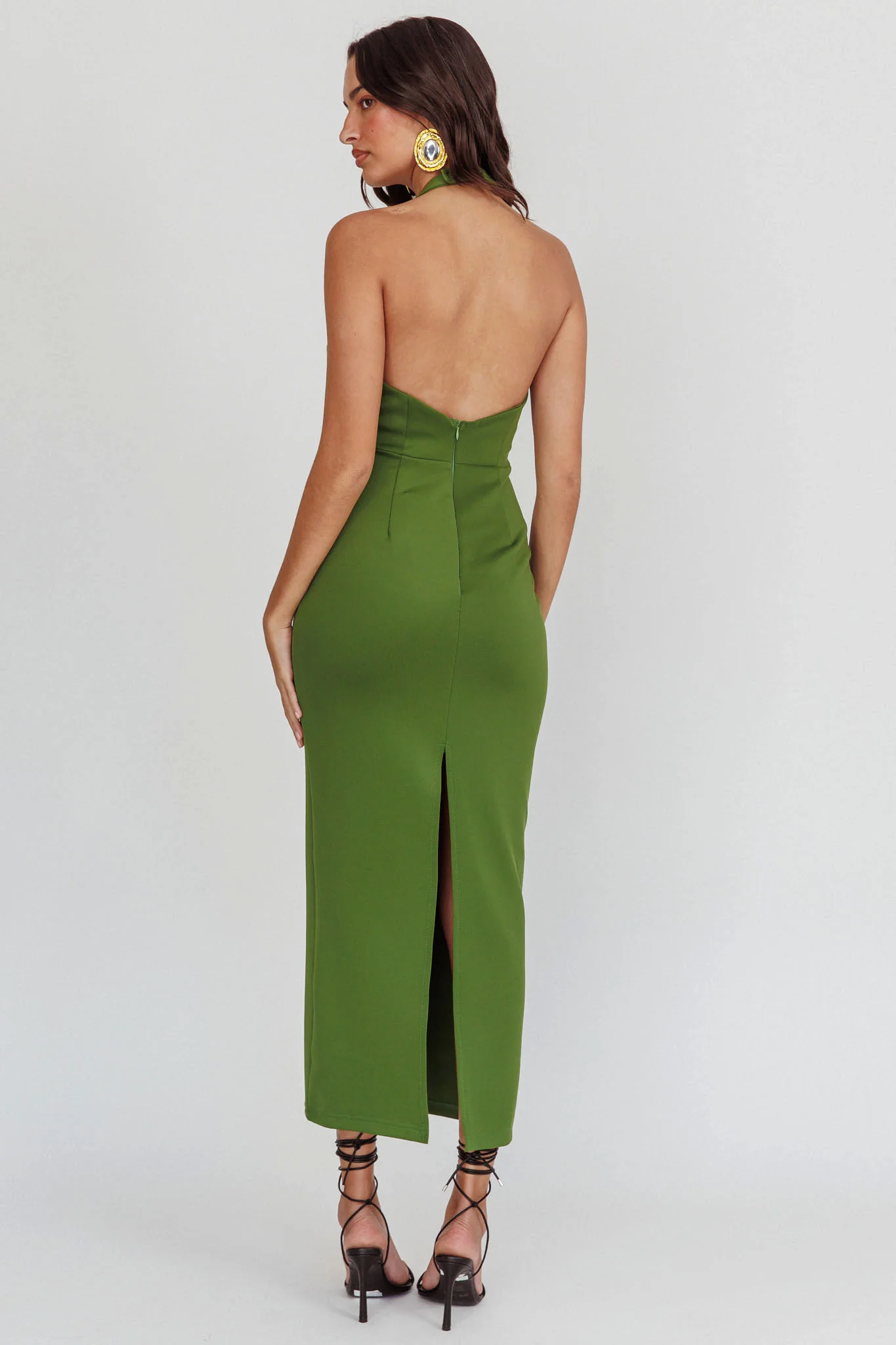 Goldfoil Halter Neck Maxi Dress Olive - Sonourner