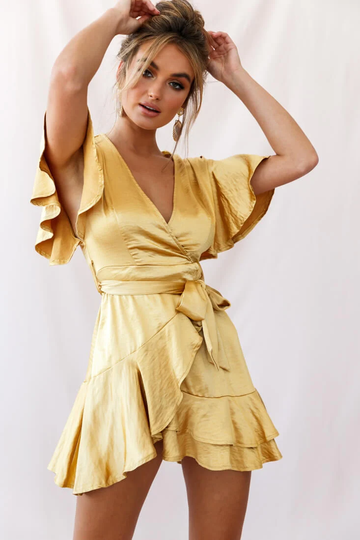 Cami Angel Sleeve Faux Wrap Dress Mustard - Sonourner