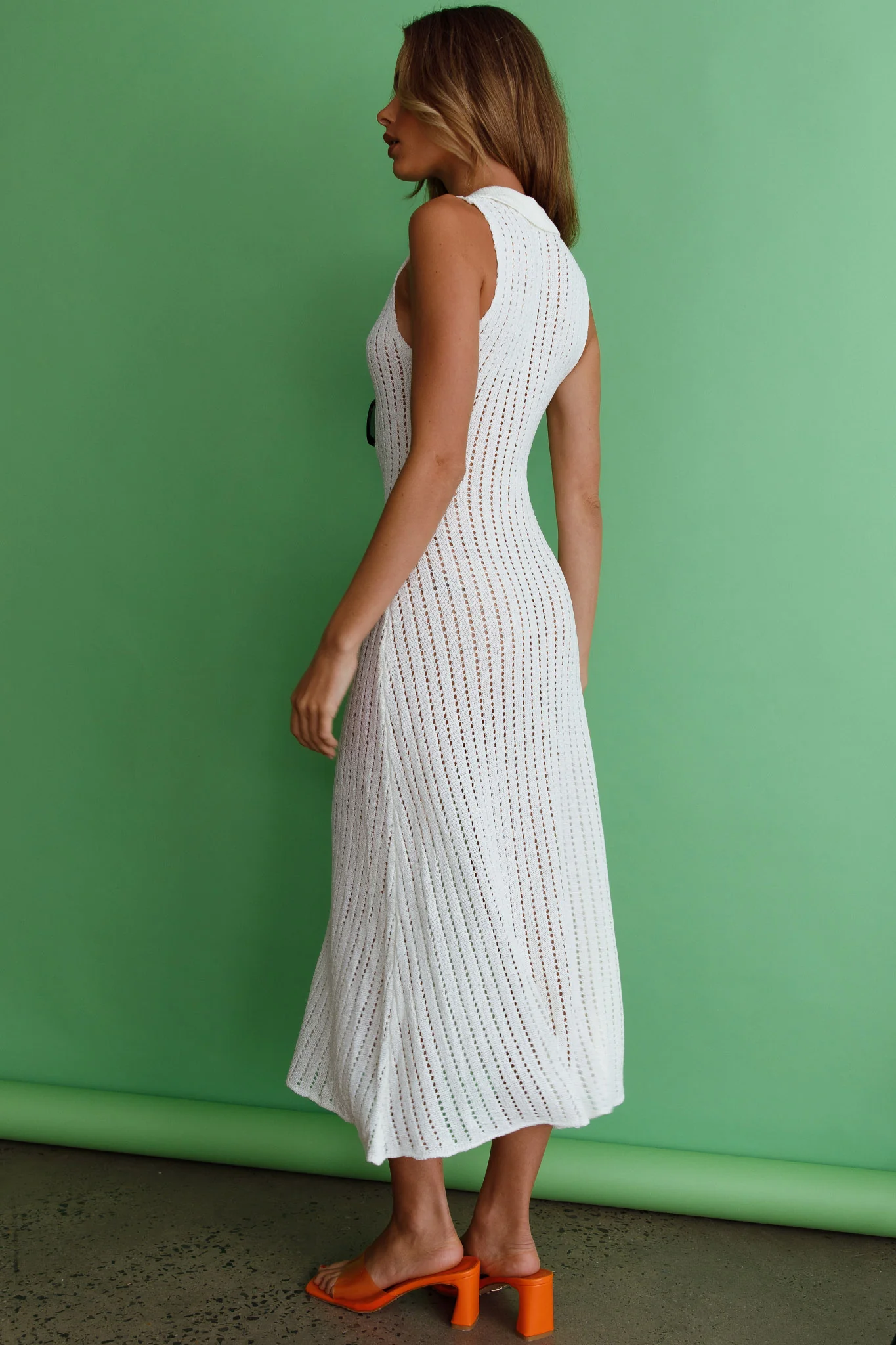 Palm Island Collared Crochet Midi Dress White - Sonourner