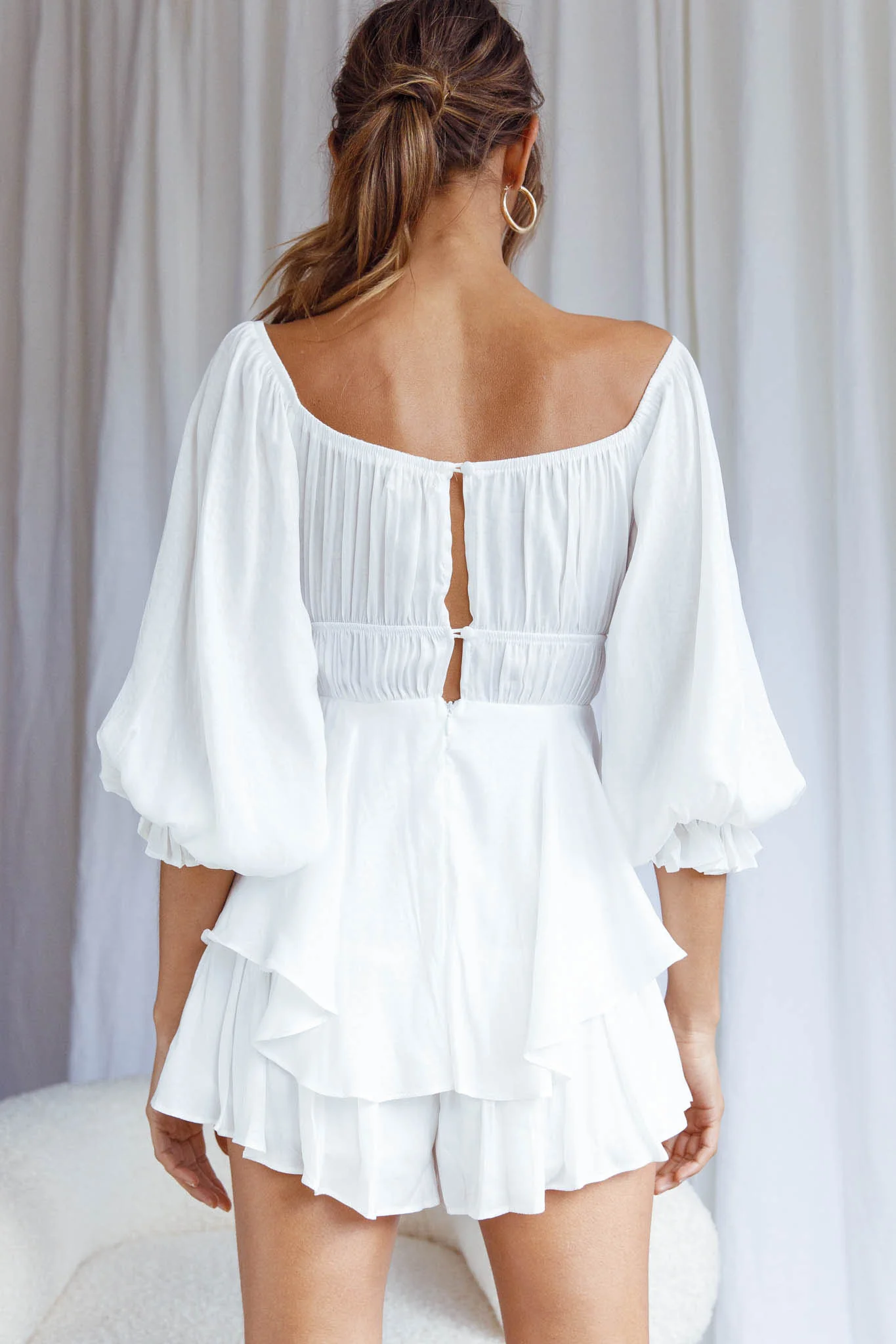 Josephina Lace-Up Front Balloon Sleeve Romper White - Sonourner