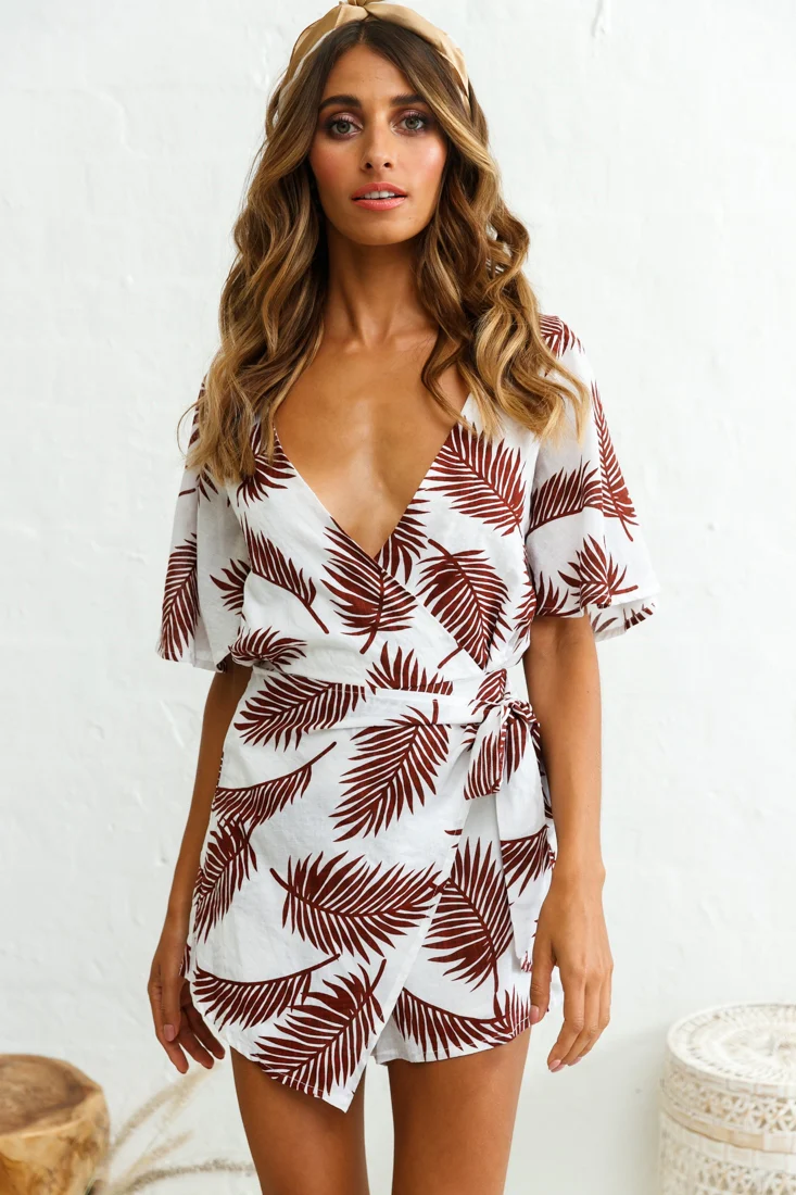Nadi V-Neckline Wrap Romper Palm Print Wine - Sonourner