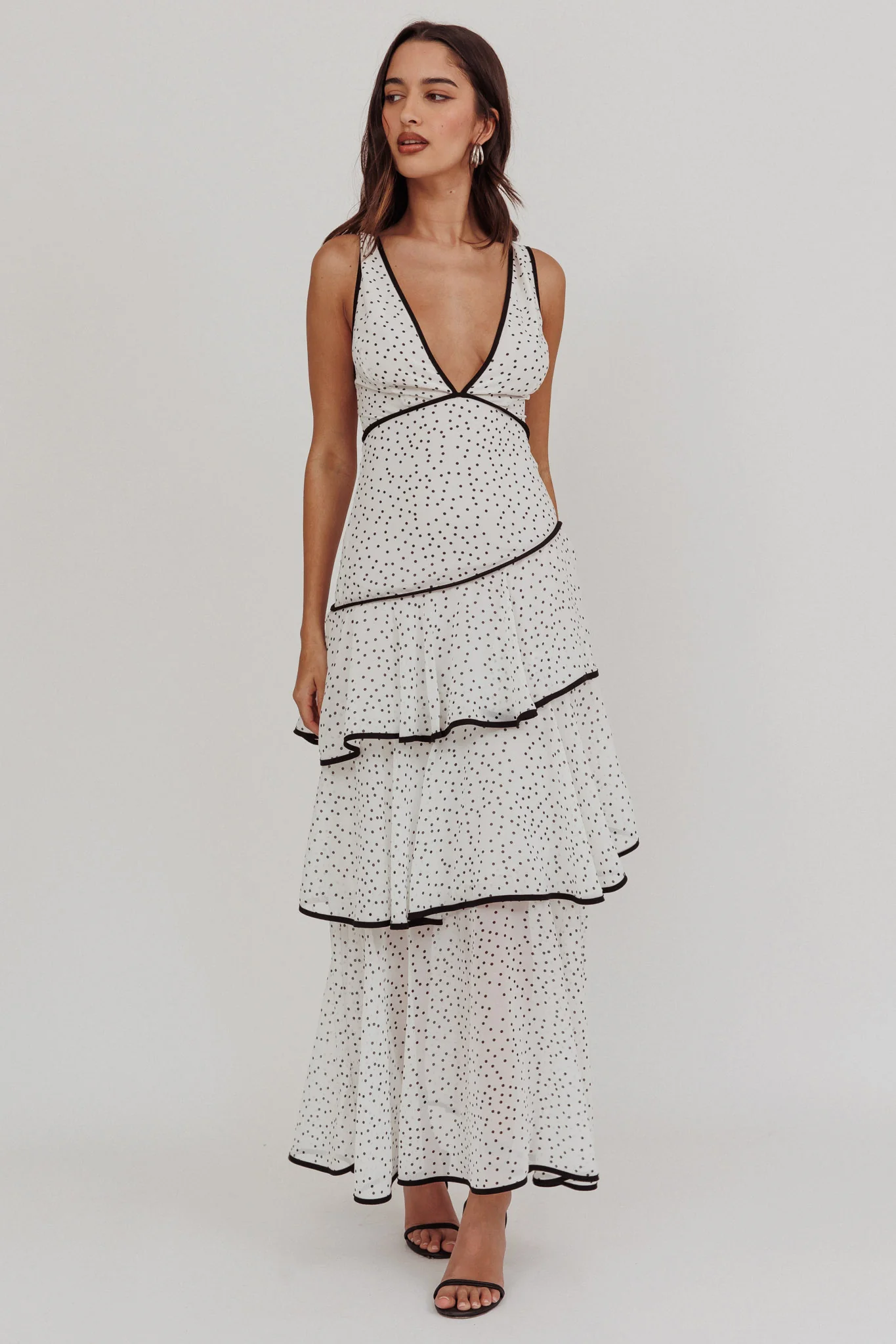 Veda Strappy Back Ruffle Maxi Dress Polka Dot White - Sonourner