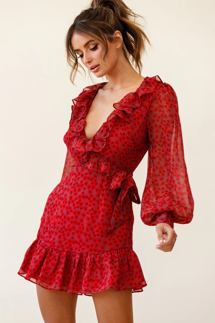 Regina Long Sleeve Ruffle Neckline Dress Flower Print Red - Sonourner