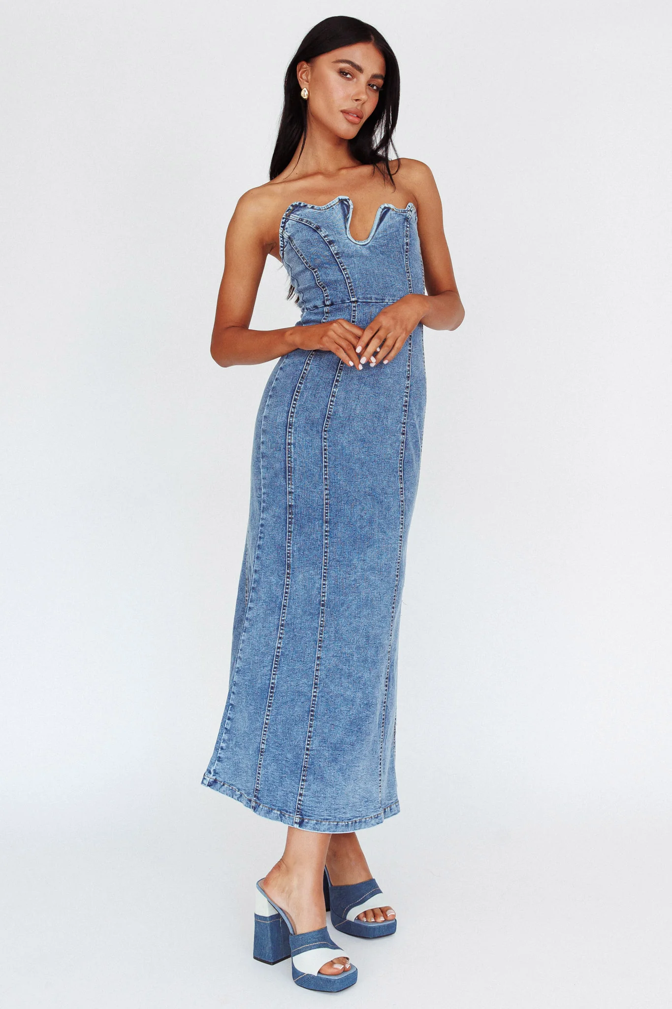 Horizon Strapless Wavy Neckline Midi Denim Blue - Sonourner