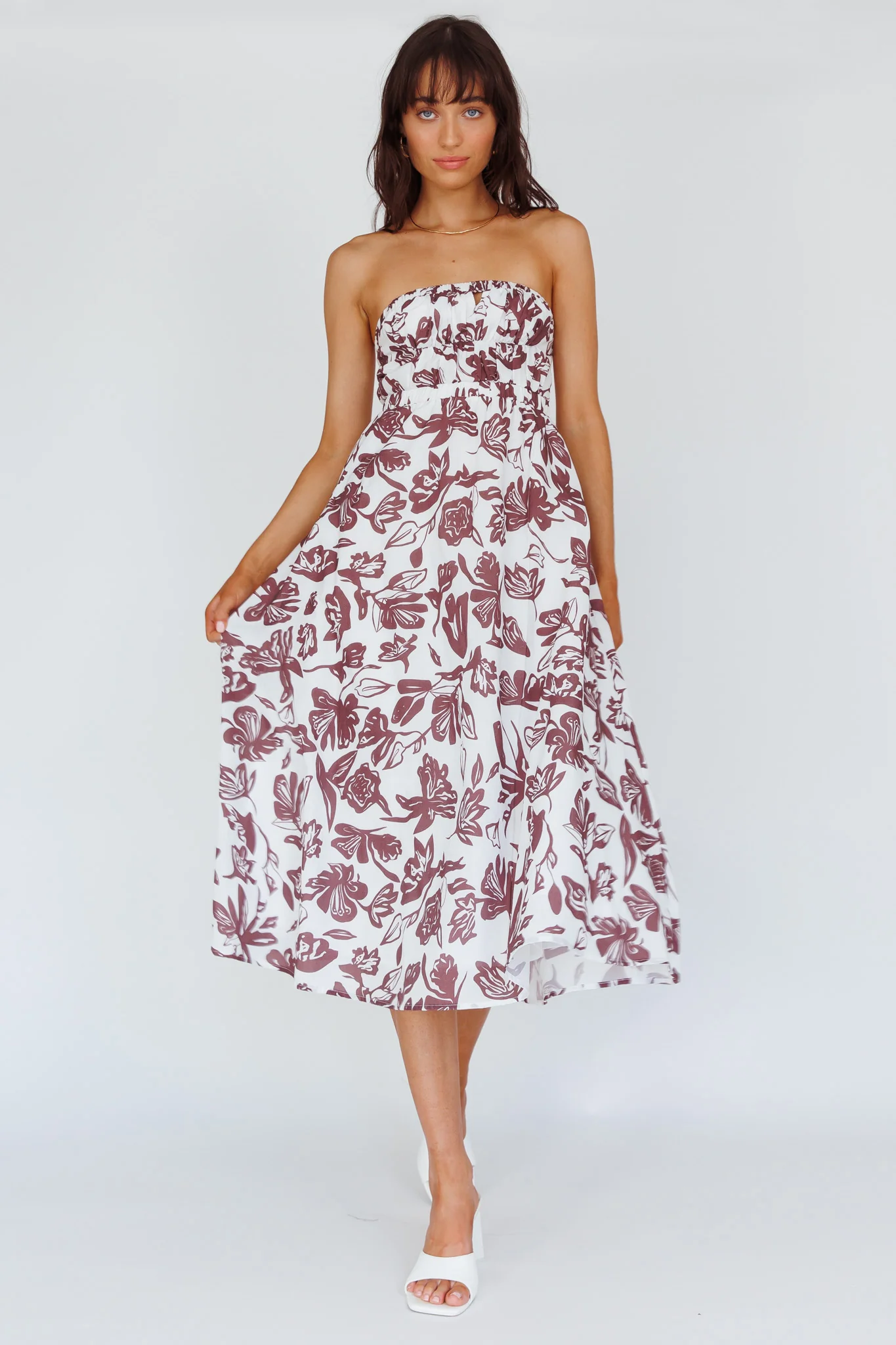 Caloundra Strapless Midi Dress Floral Walnut - Sonourner