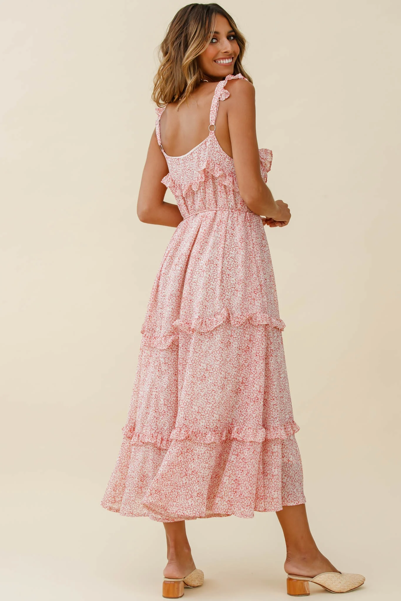 Priscilla Tied Bust Frill Detail Maxi Dress Floral Print Red - Sonourner