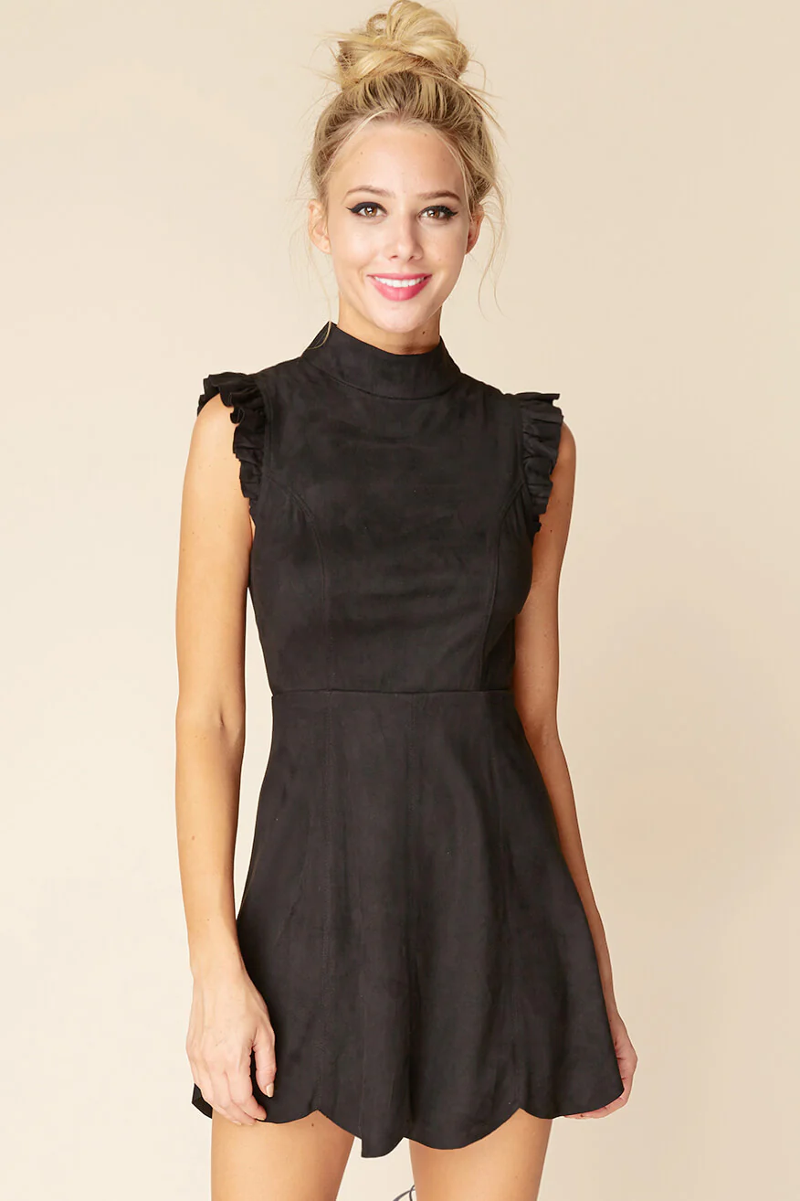 Kylie Ruffled Sleeve Suede Dress Black - Sonourner