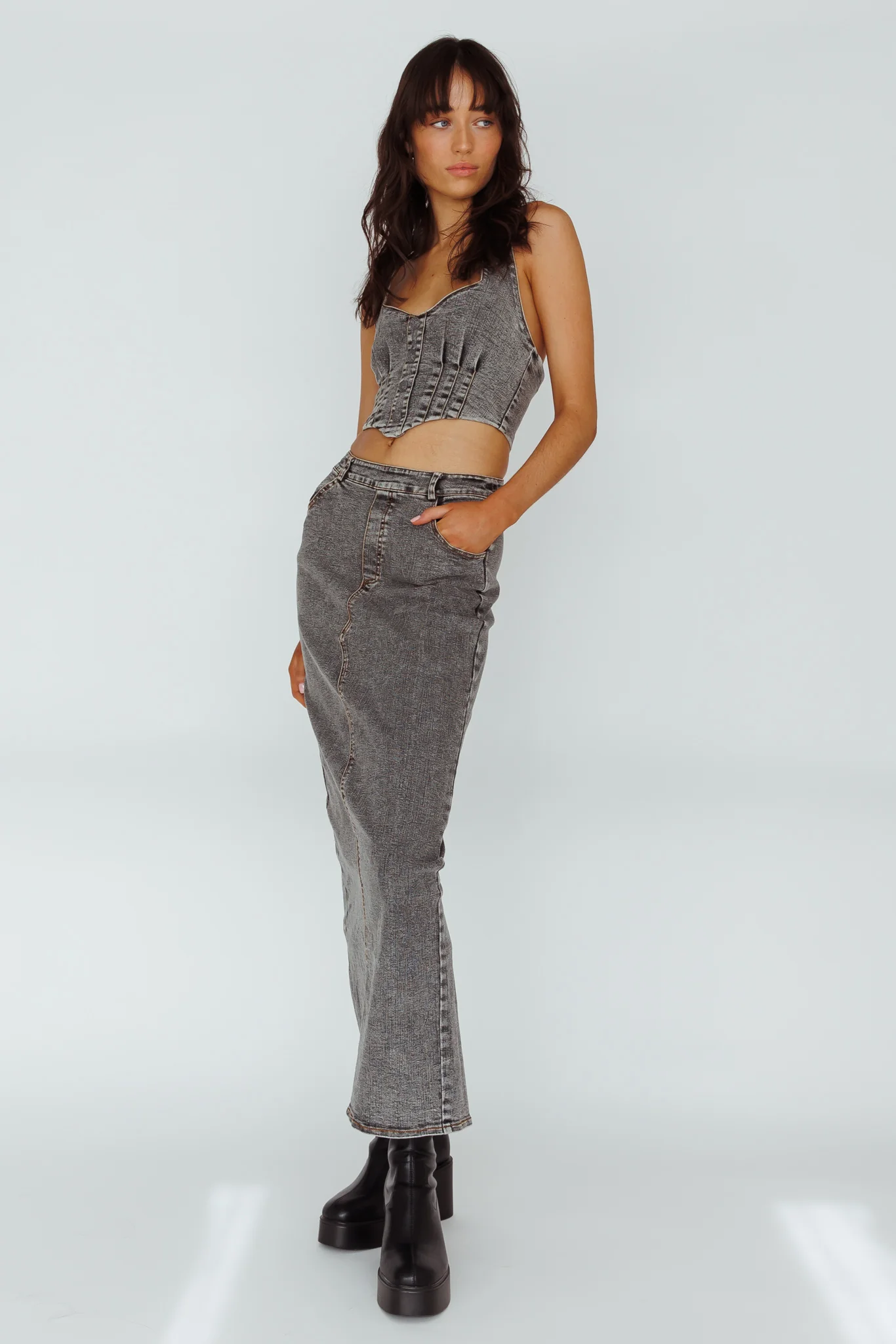 Zurich Pocket Maxi Skirt Denim Grey - Sonourner
