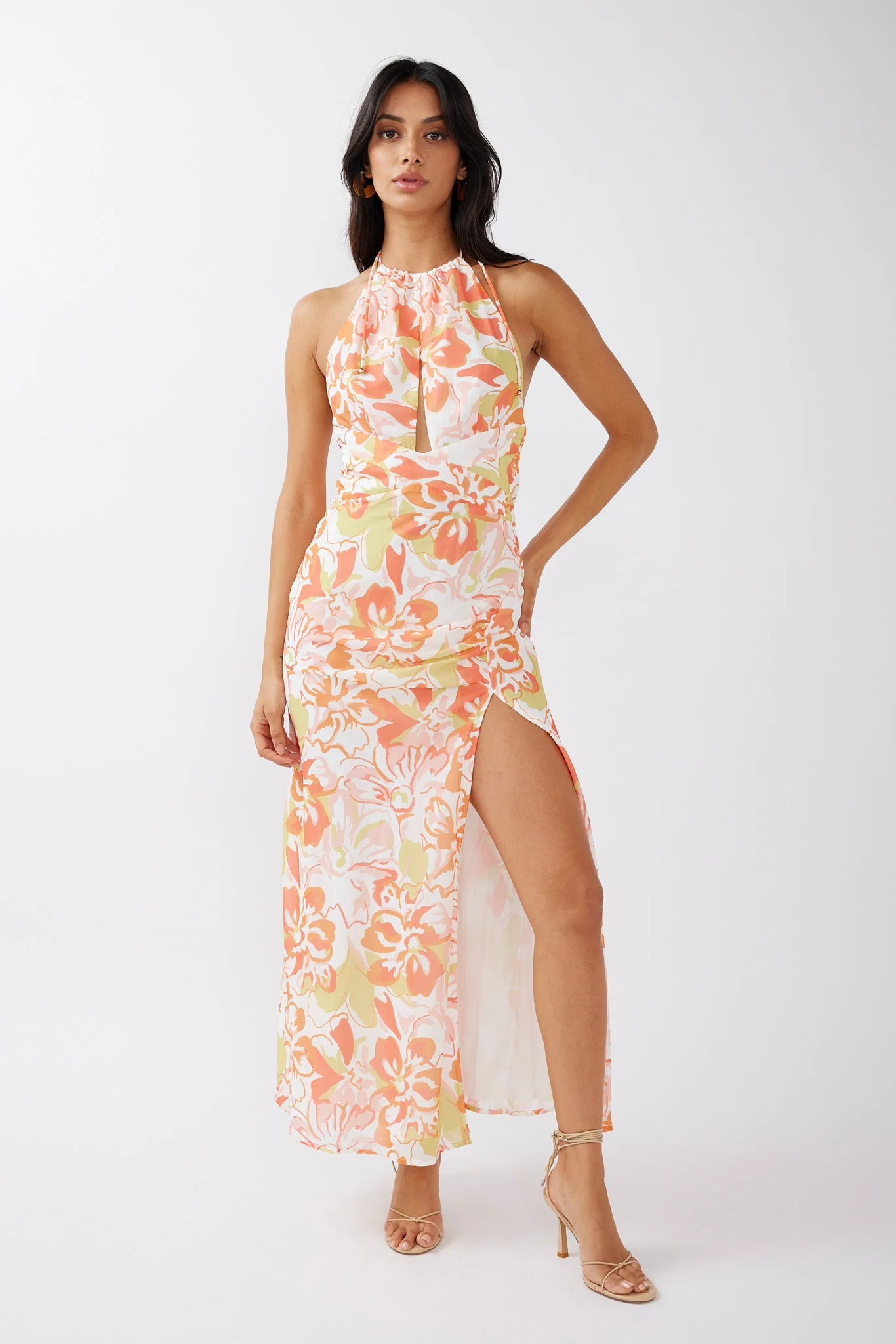 Nirvana Halterneck Split Midi Dress Floral Orange - Sonourner