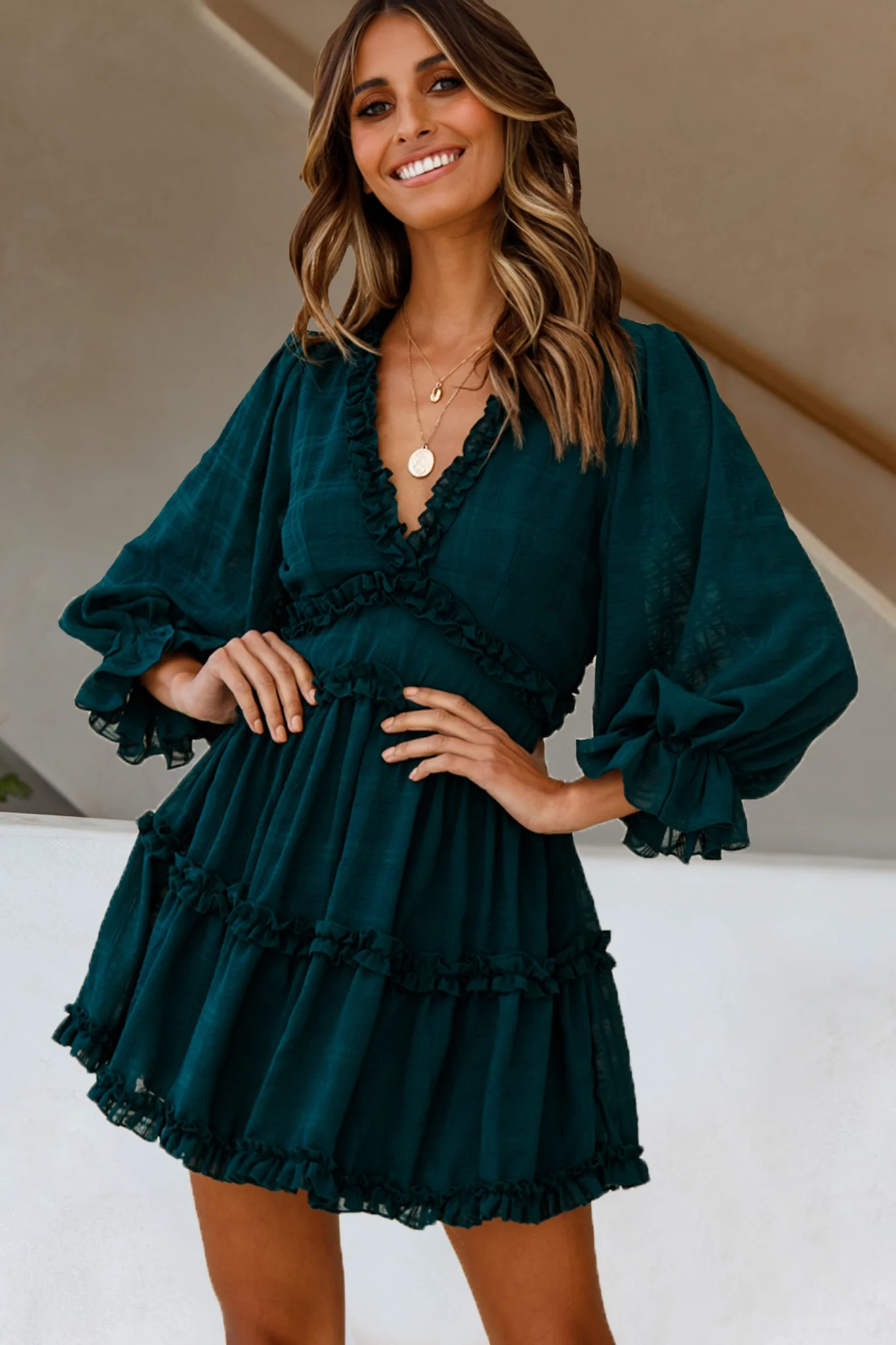 Laney Cutout Back Balloon Sleeve Dress Forest Green - Sonourner