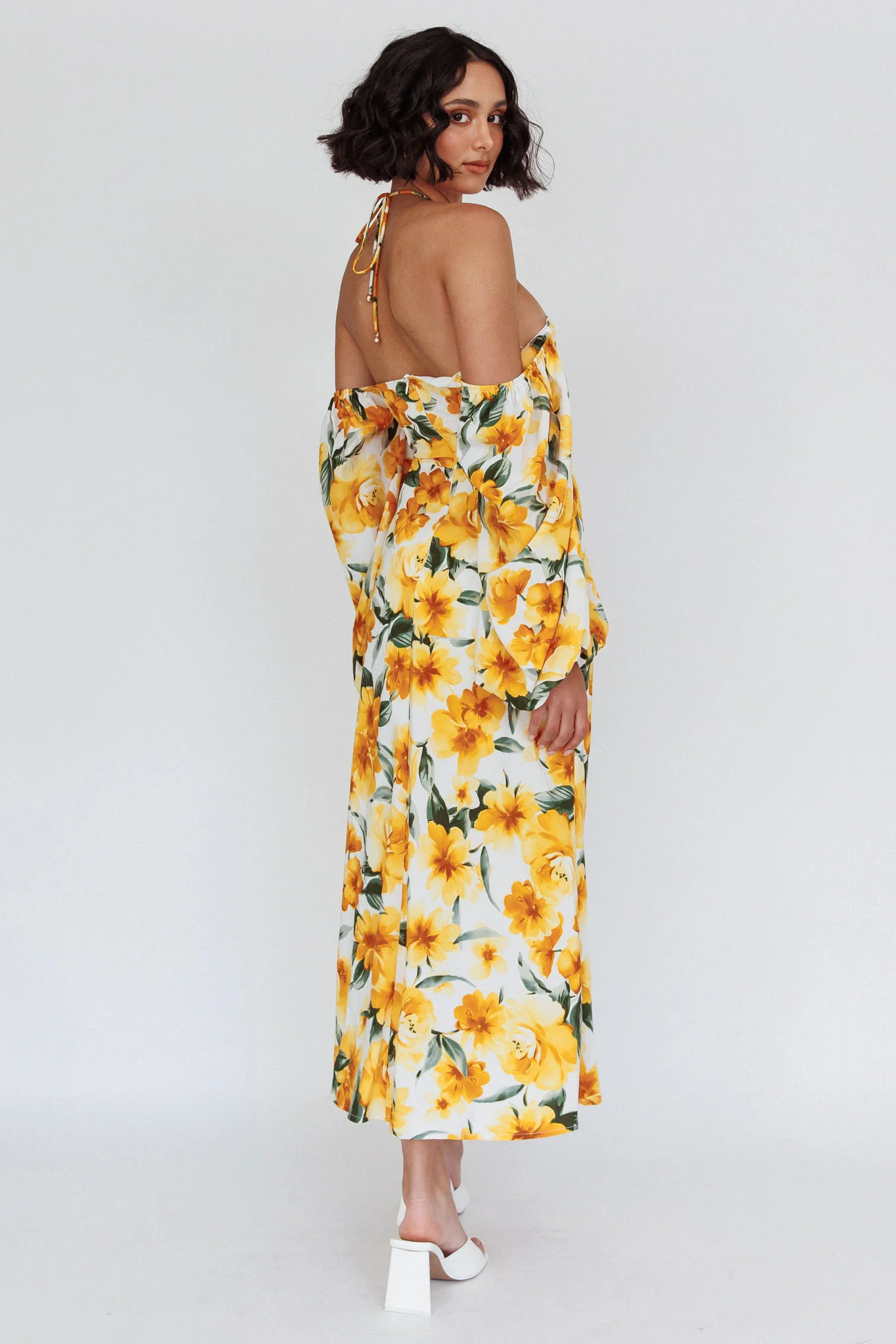 Nyree Long Sleeve Midi Dress Flowers Yellow - Sonourner