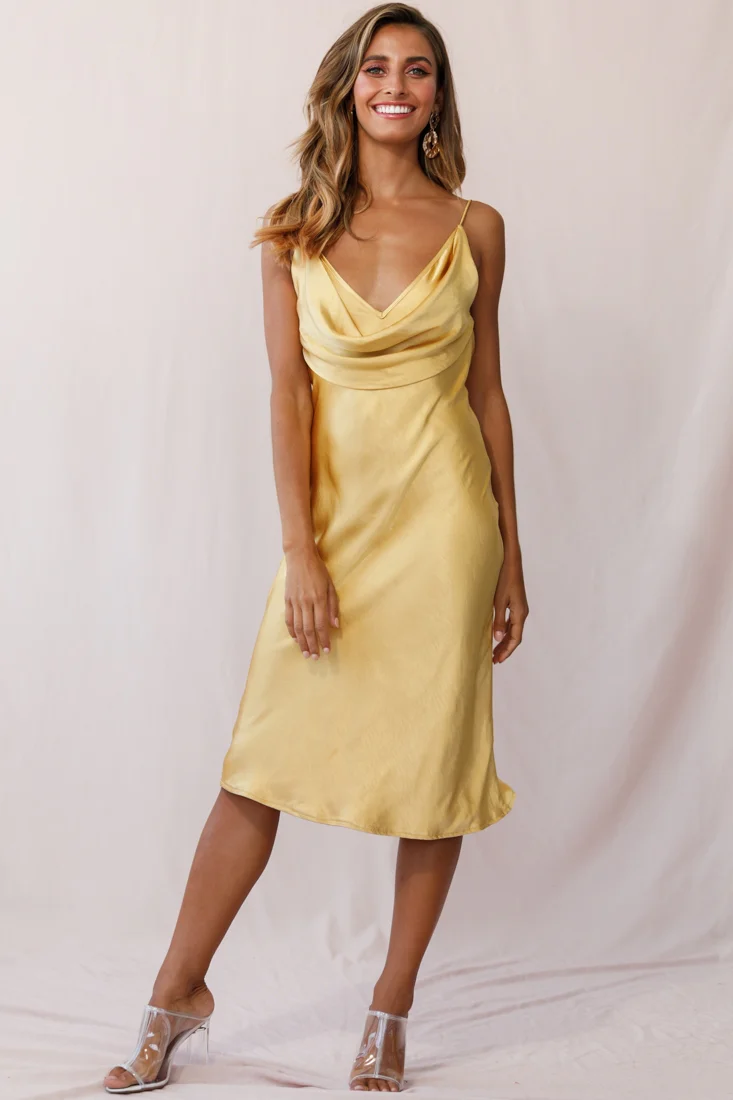 Double Take Draped Bust Midi Dress Mustard - Sonourner