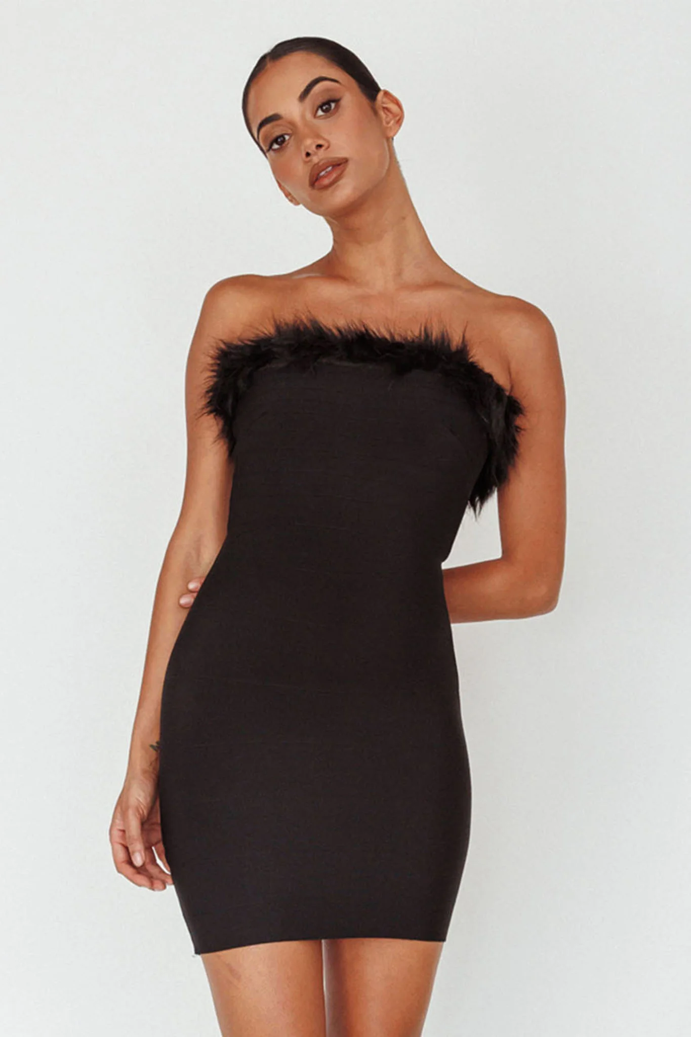 Cherri Fur Trim Mini Dress Electric Black - Sonourner