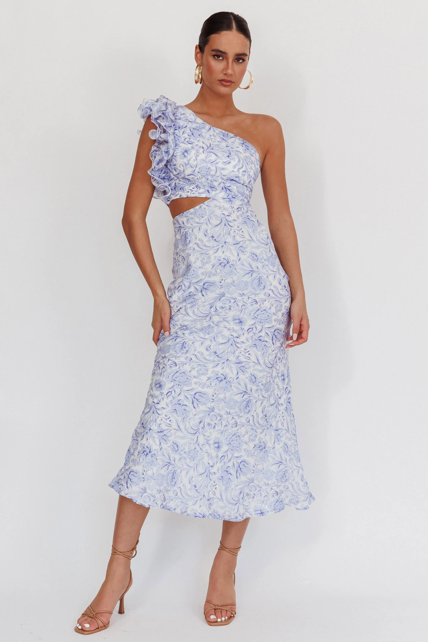 Deanna One-Shoulder Ruffle Midi Dress Floral Blue - Sonourner