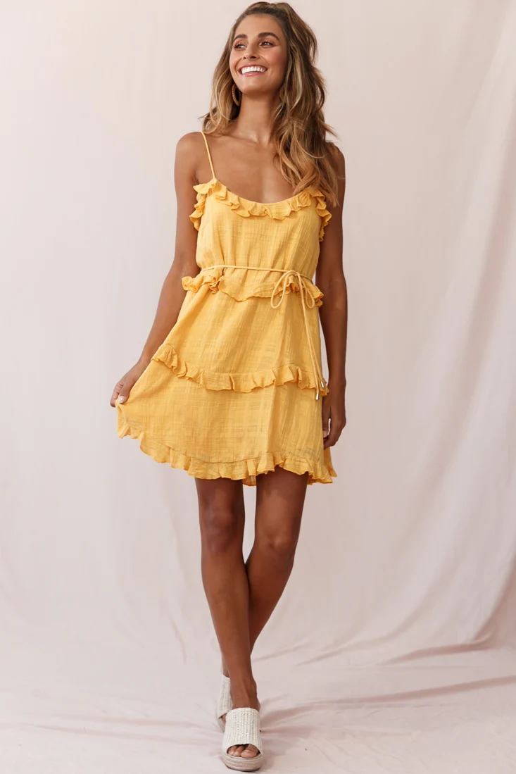 Maria Frill Trim Spaghetti Strap Dress Mustard - Sonourner