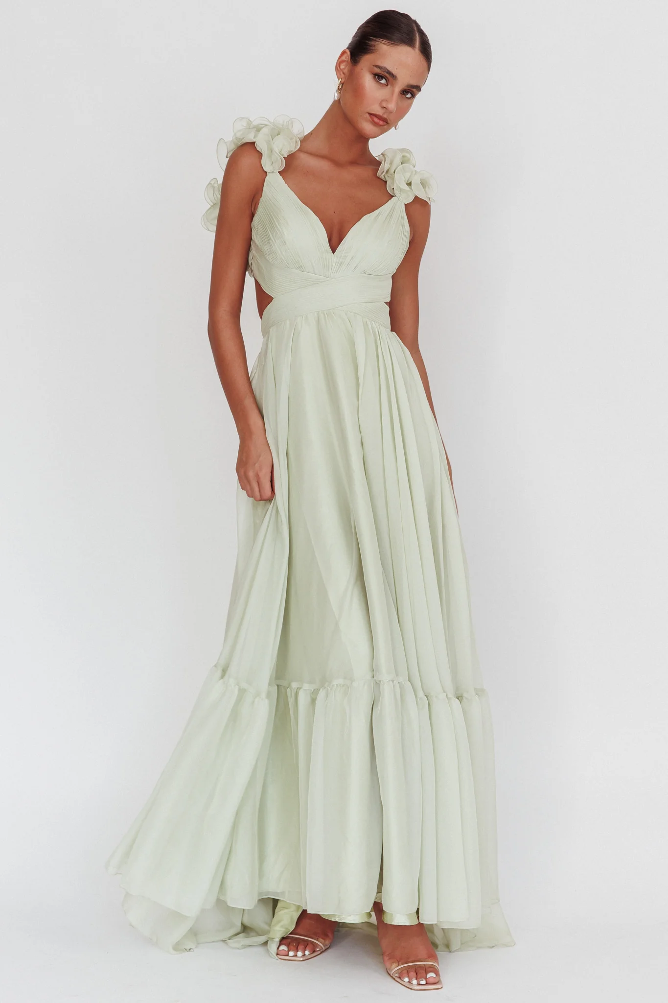 Bellamy Lace-Up Back Ruffle Maxi Dress Sage - Sonourner