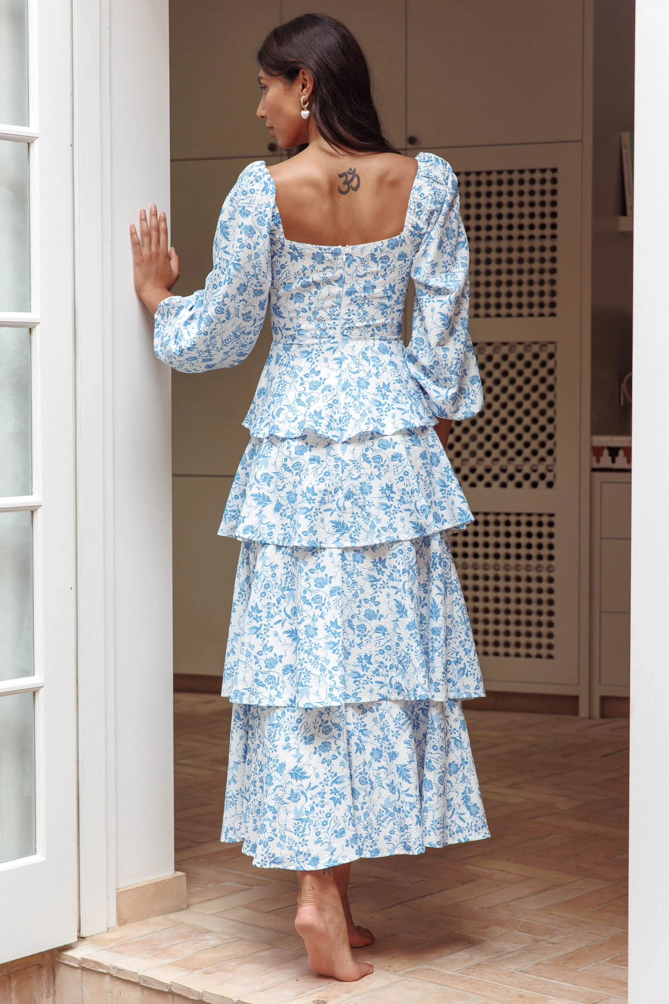 Provence Bloom Long Sleeve Maxi Dress Floral Blue - Sonourner