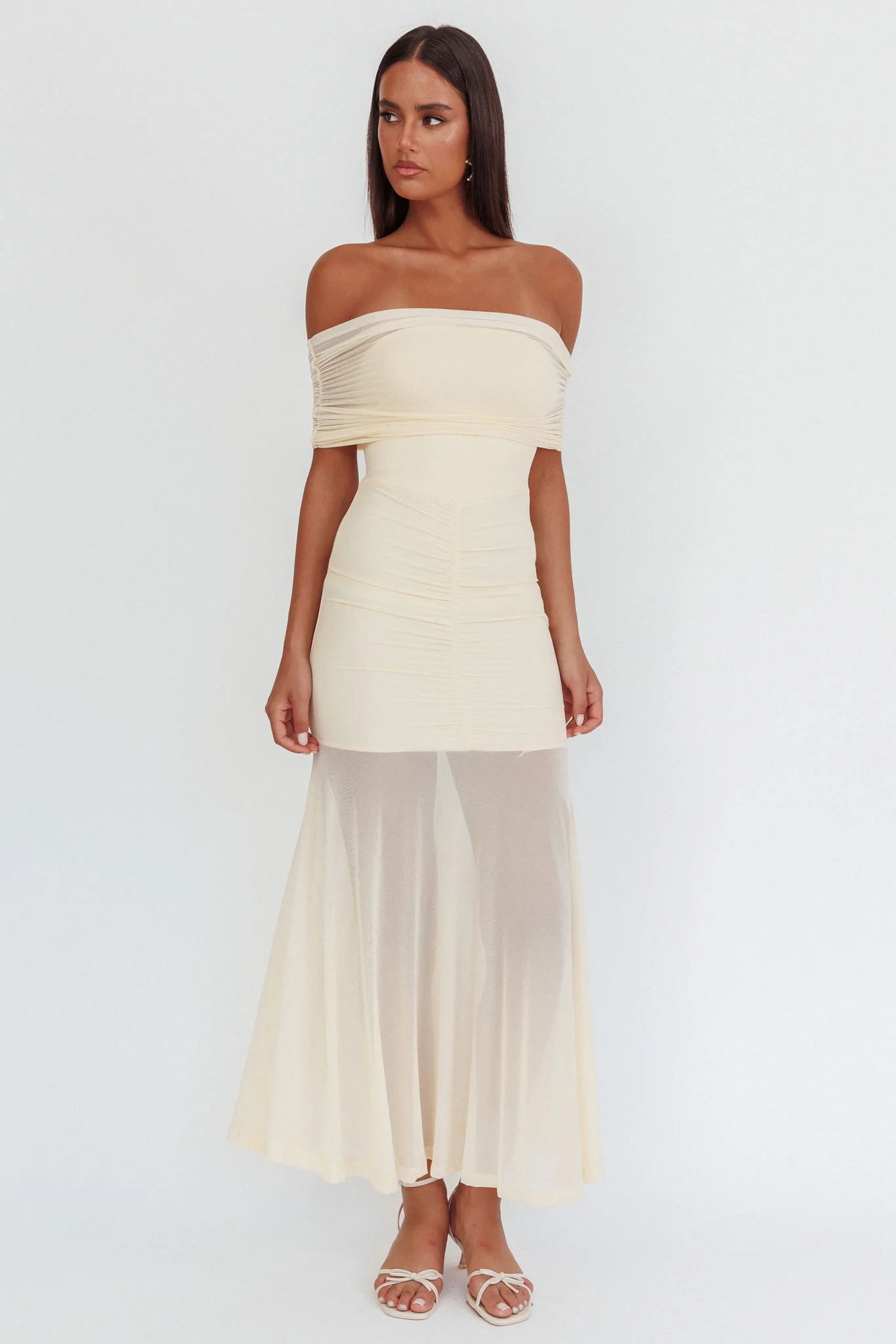Clarita Sheer Ruched Maxi Dress Cream - Sonourner