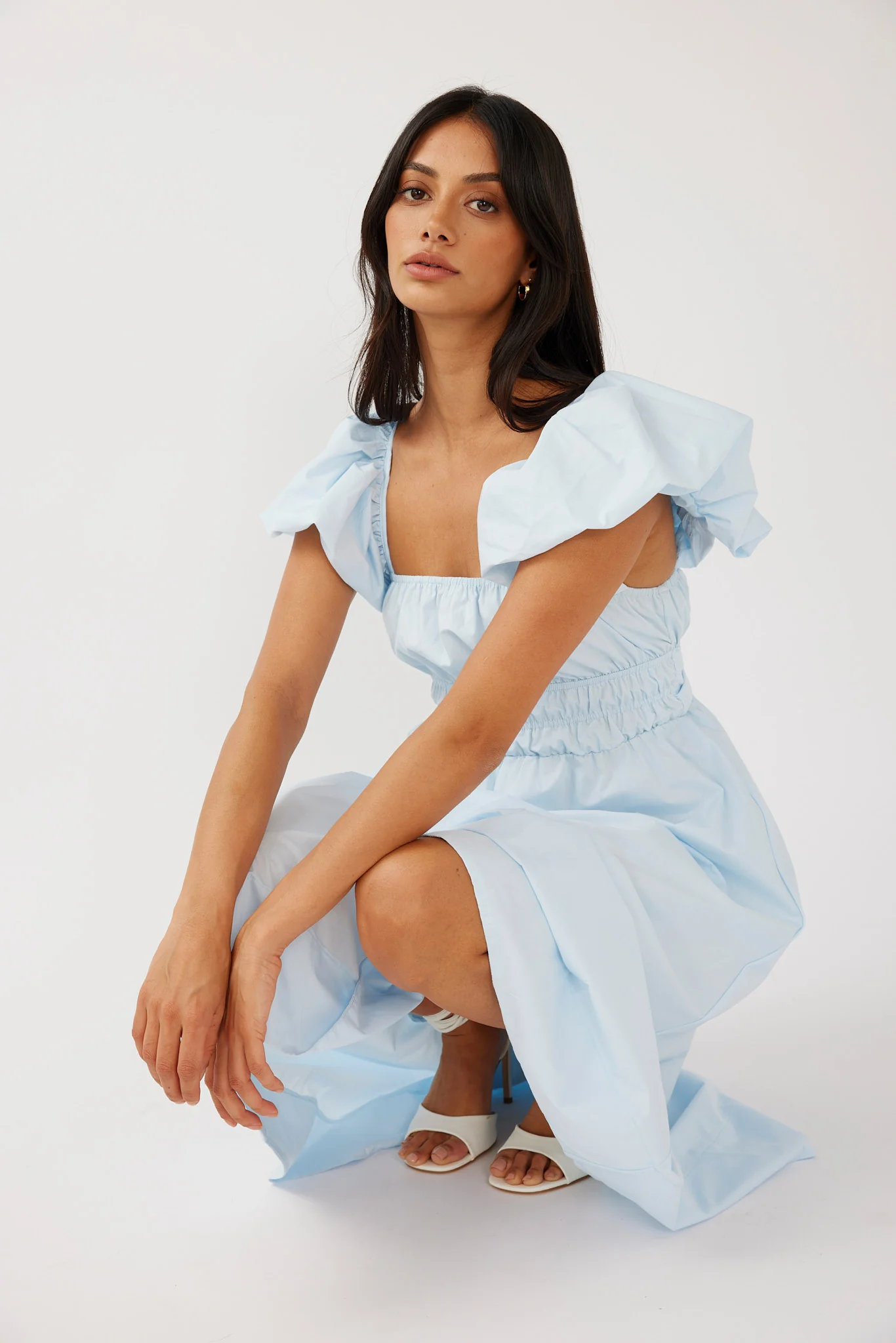 Rose Meadow Puffed Sleeve Midi Dress Blue - Sonourner