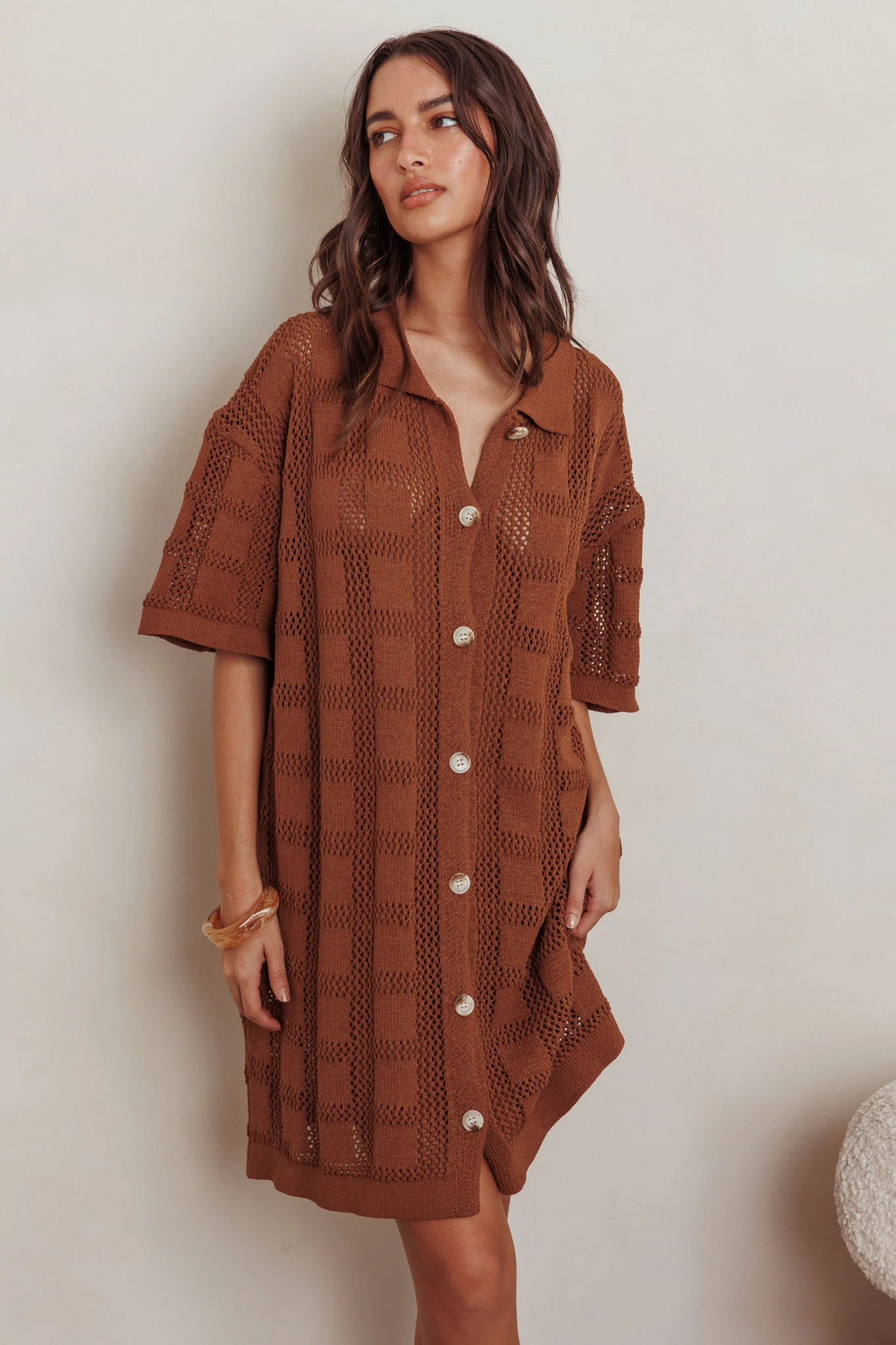 Best Friend Knit Shirt Dress Chocolate - Sonourner