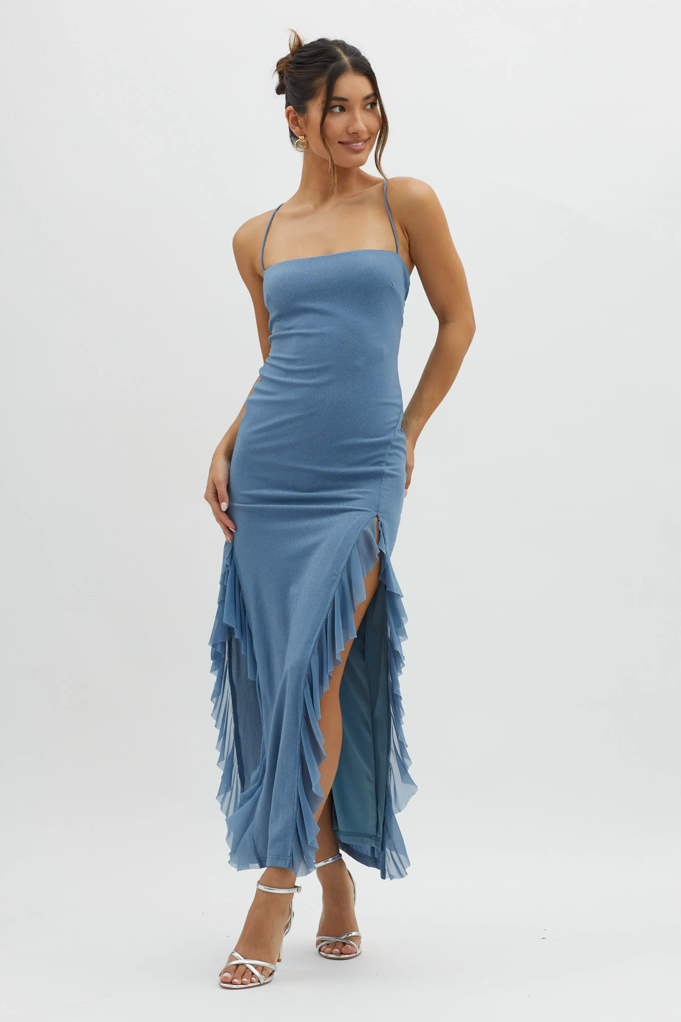 Rosilyn Split Ruffle Midi Dress Blue - Sonourner