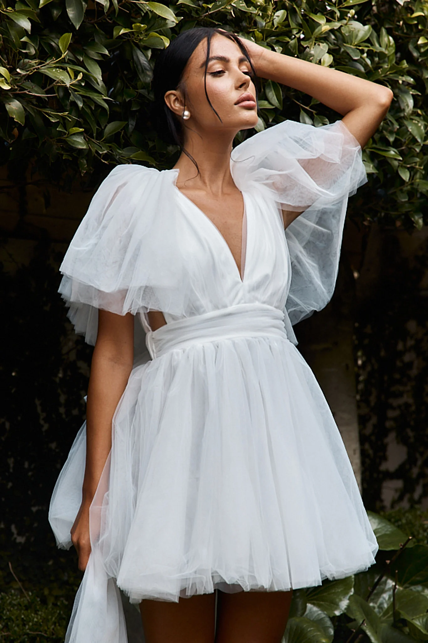 Star Power Tulle Train Mini Dress White - Sonourner