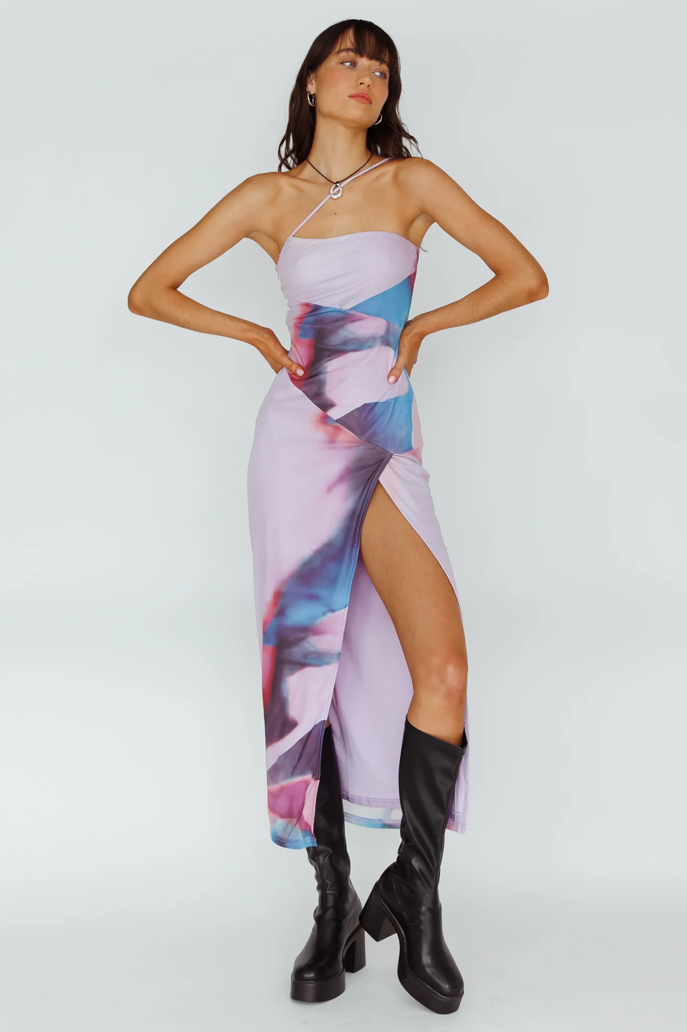 Martine One Strap Mesh Midi Dress Print Plum - Sonourner