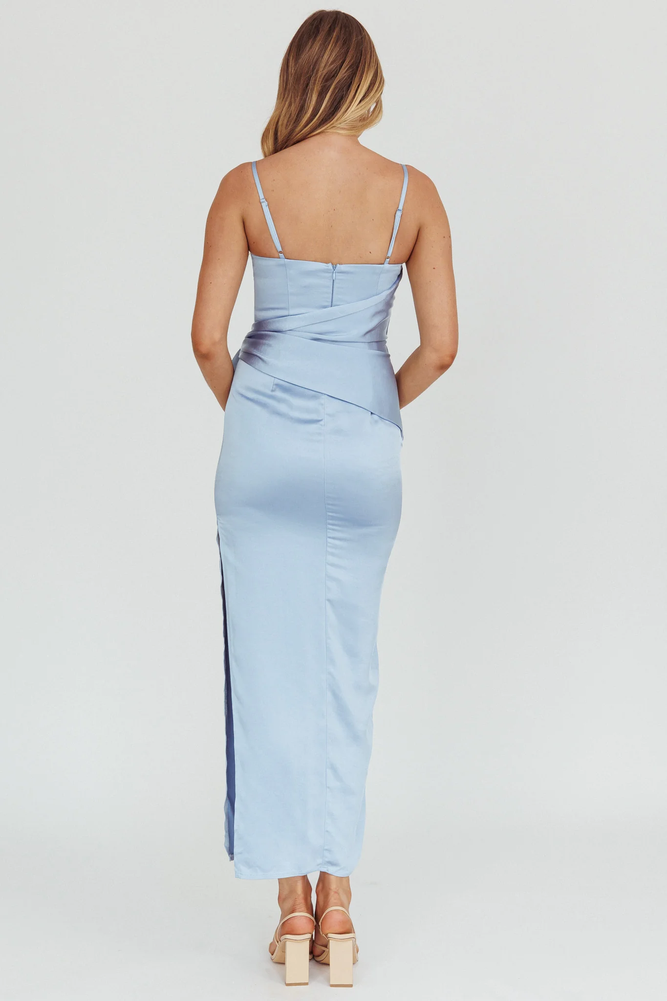 Celestine Waist Tie Satin Maxi Dress Light Blue - Sonourner