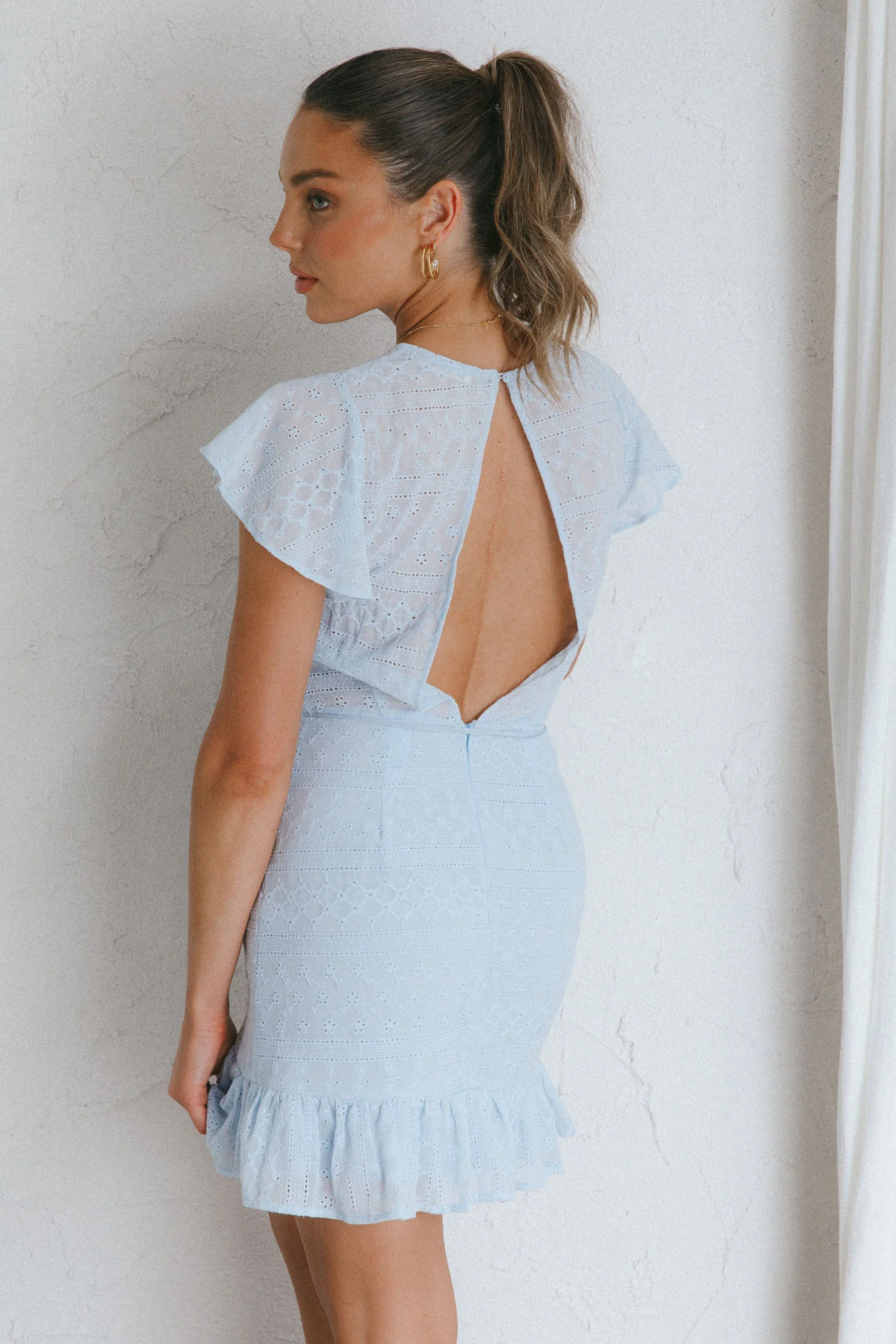 Moving On Flutter Sleeve String Tie Waist Eyelet Mini Dress Steel Blue - Sonourner