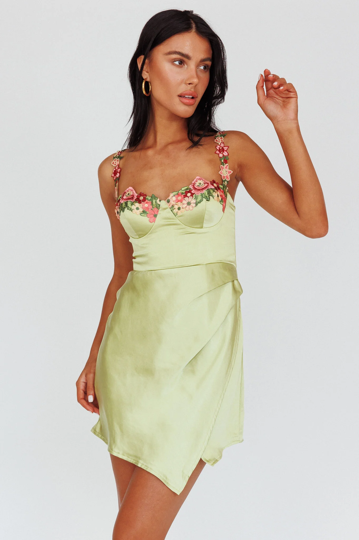 Rose Garden Floral Applique Wrap Mini Dress Lime - Sonourner