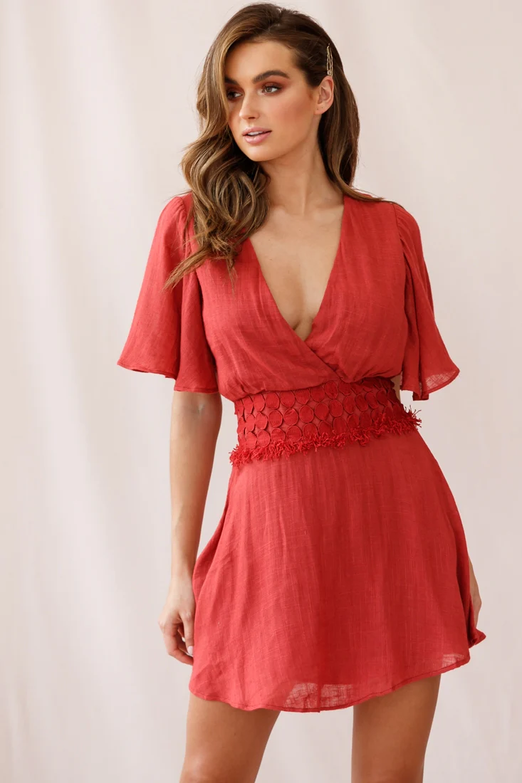 Fate Angel Sleeve Embroidery Trim Dress Rose - Sonourner
