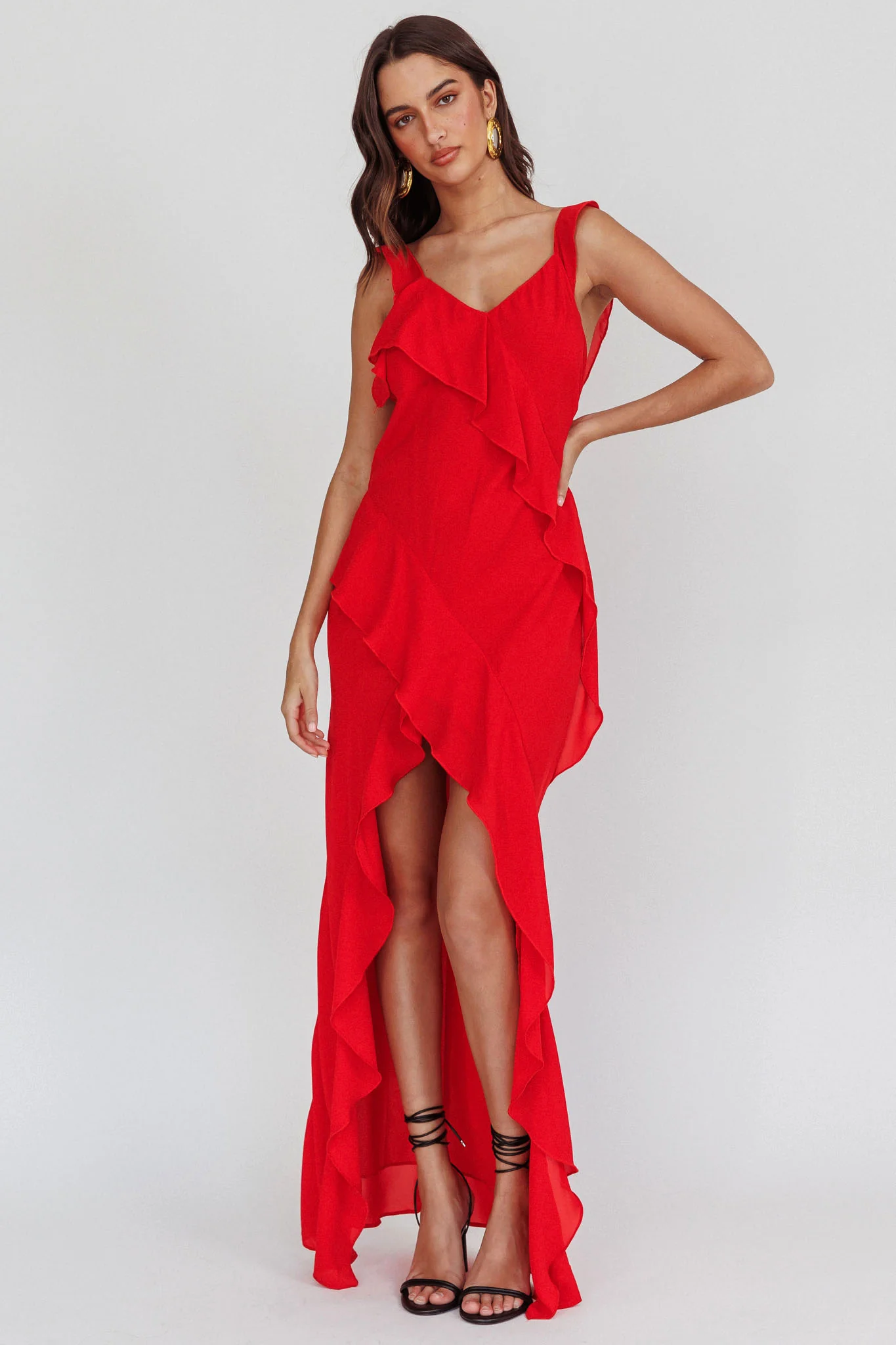 Johannson Ruffle Trim Maxi Dress Red - Sonourner