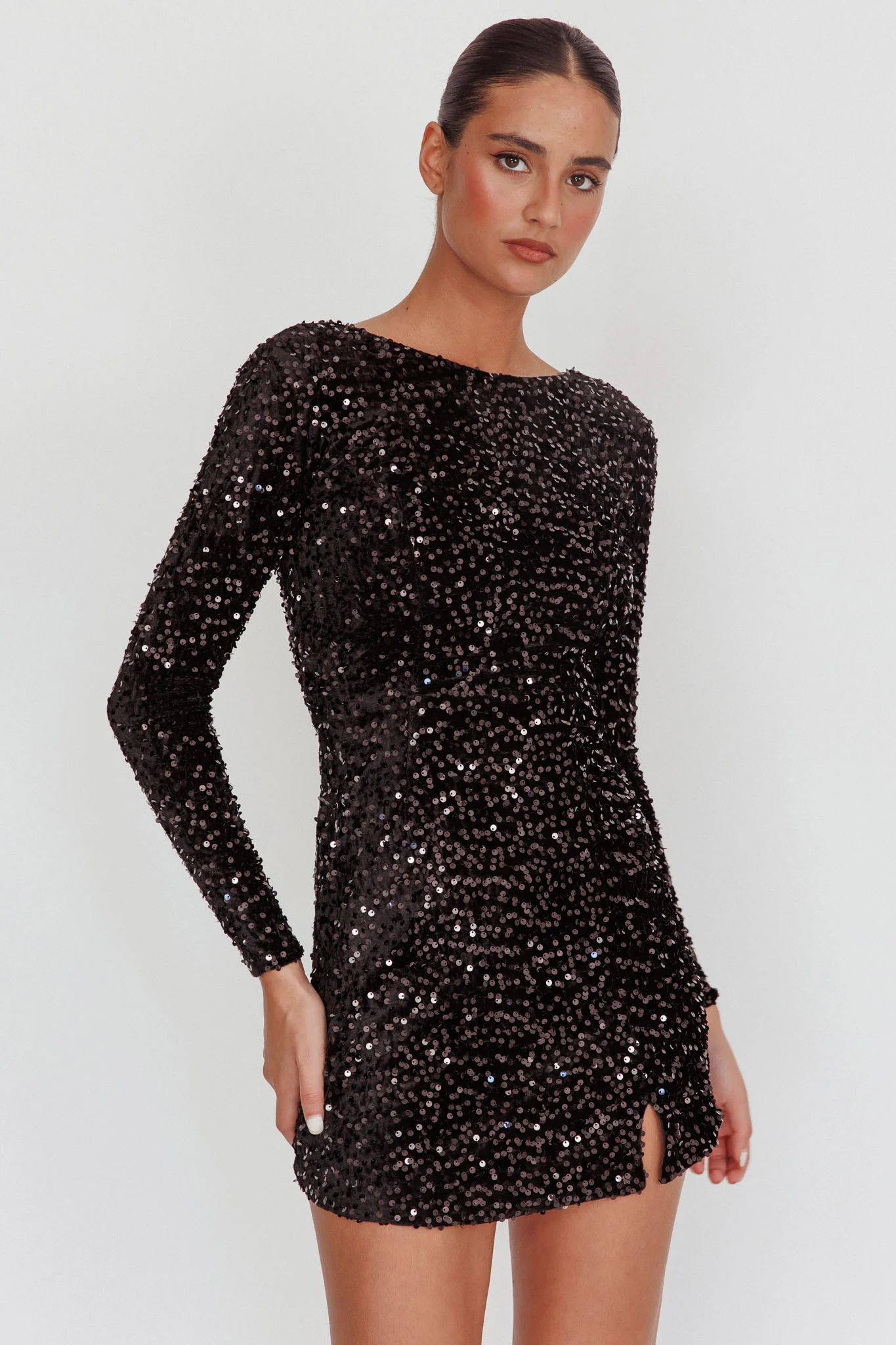 Demure Long Sleeve Open Back Dress Sequin Black - Sonourner