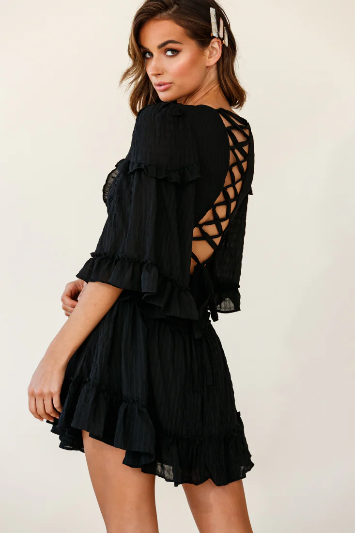 Albany Lace Up Back Frill Dress Shirred Black - Sonourner