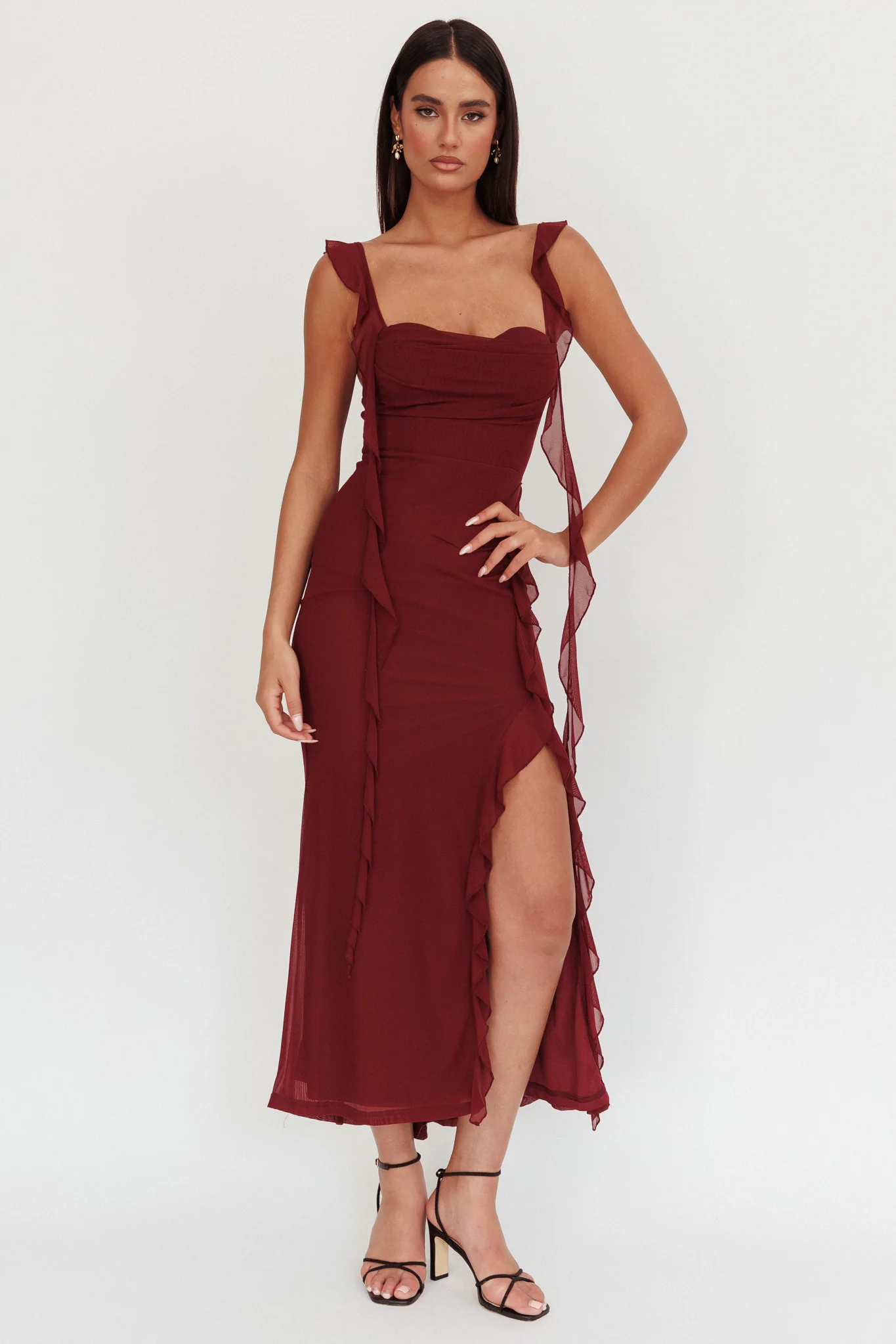Blushing Ruffle Trim Maxi Dress Wine - Sonourner