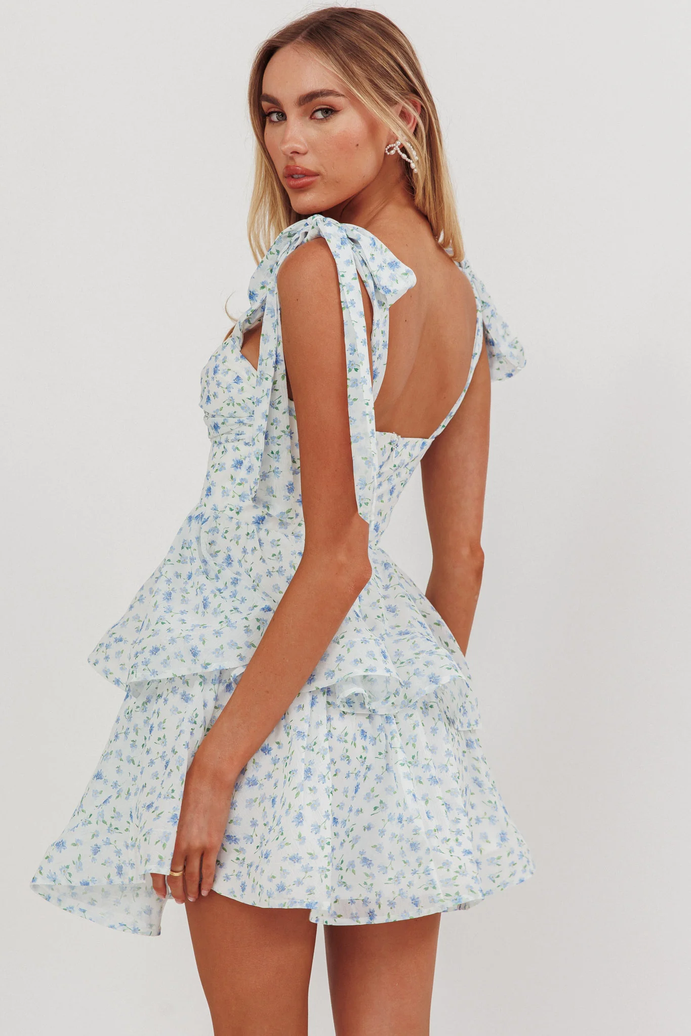Oliana Tied Shoulder Tiered Mini Dress Floral Blue - Sonourner