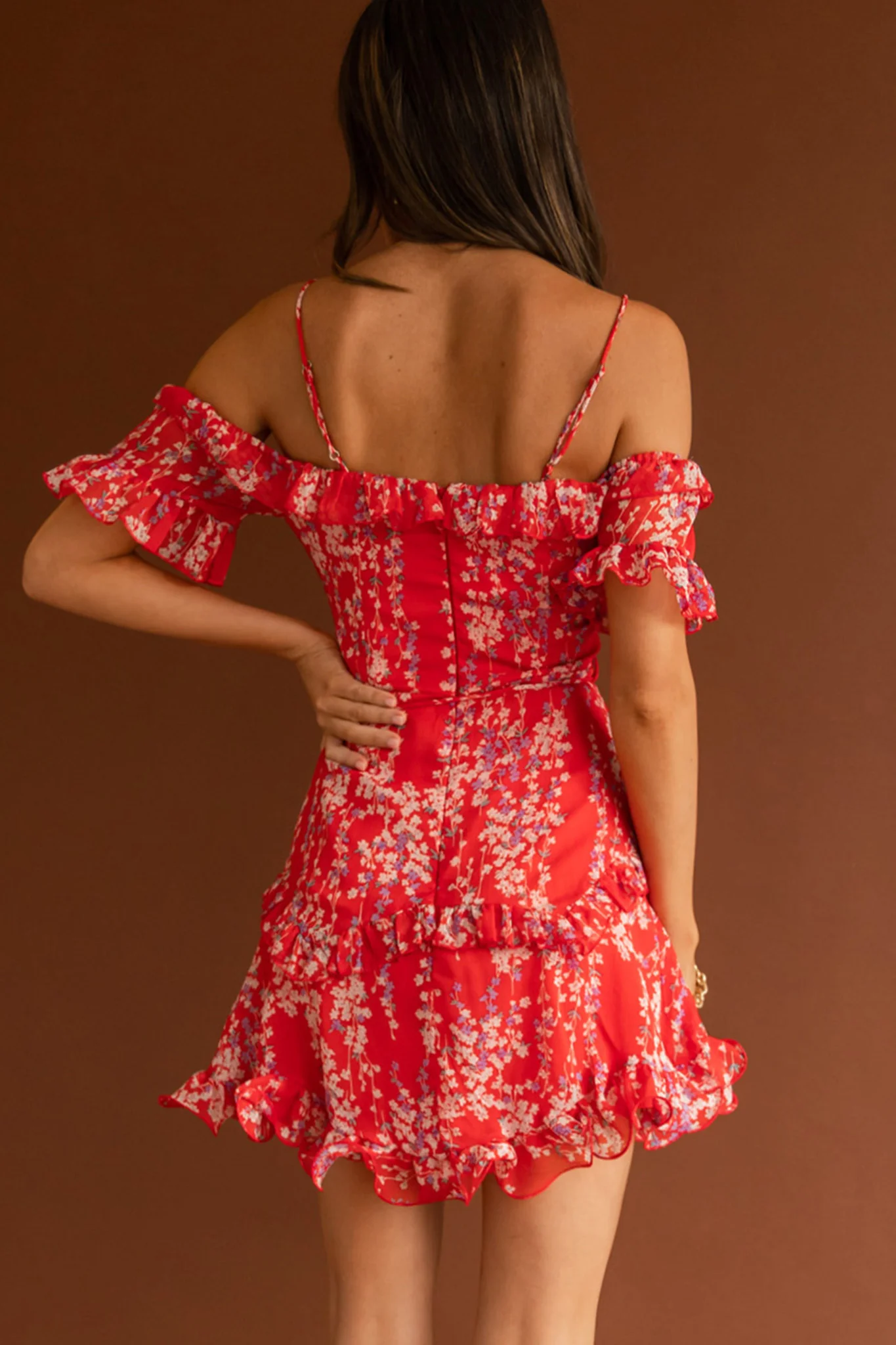 Maranda Bardot Lace-Up Bust Dress Dainty Floral Red - Sonourner