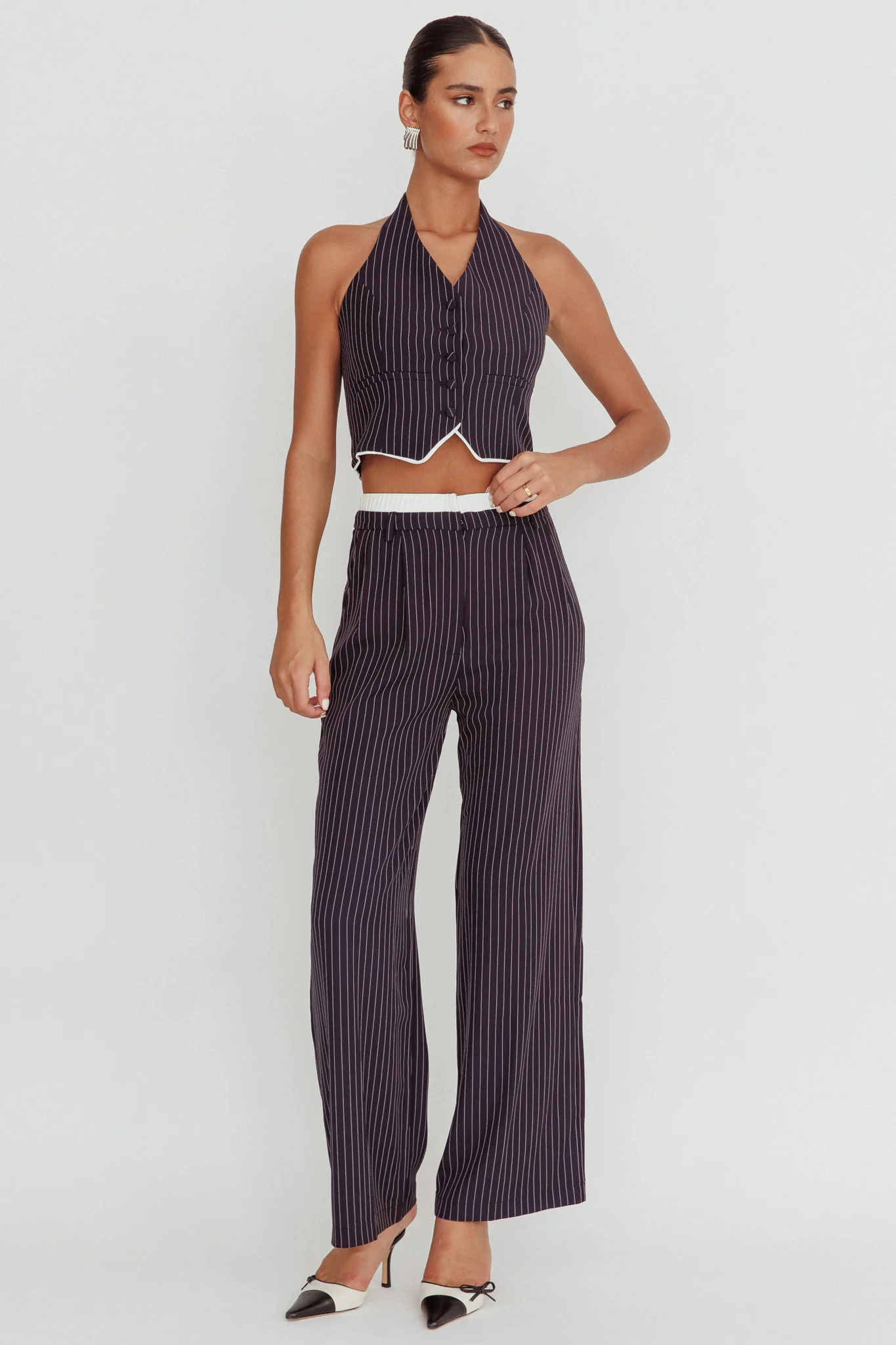 Lilija Pinstripe Double Waistband Wide-Leg Pants Navy - Sonourner