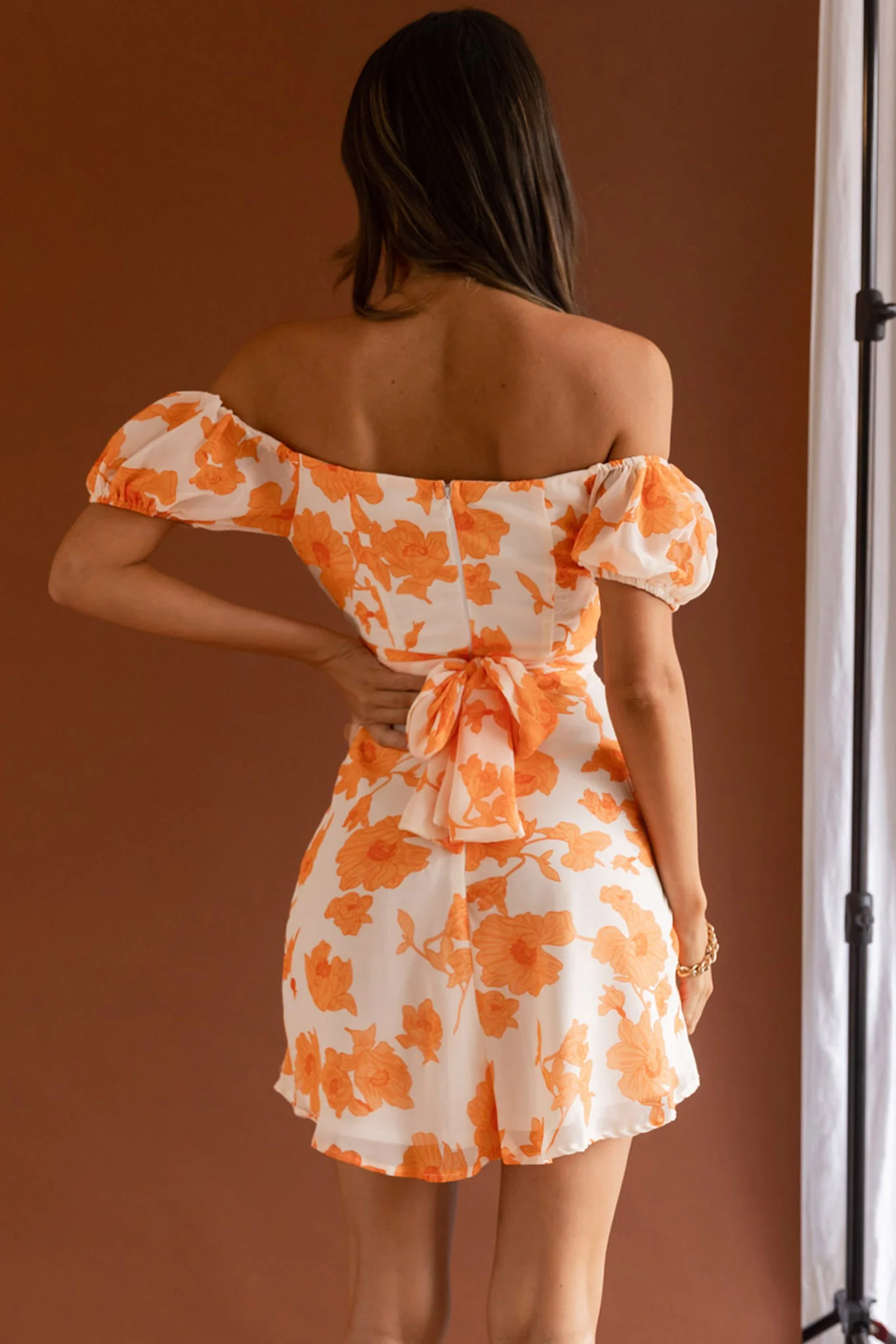 Linka Puff Sleeve Waist Tie Dress Floral Orange - Sonourner