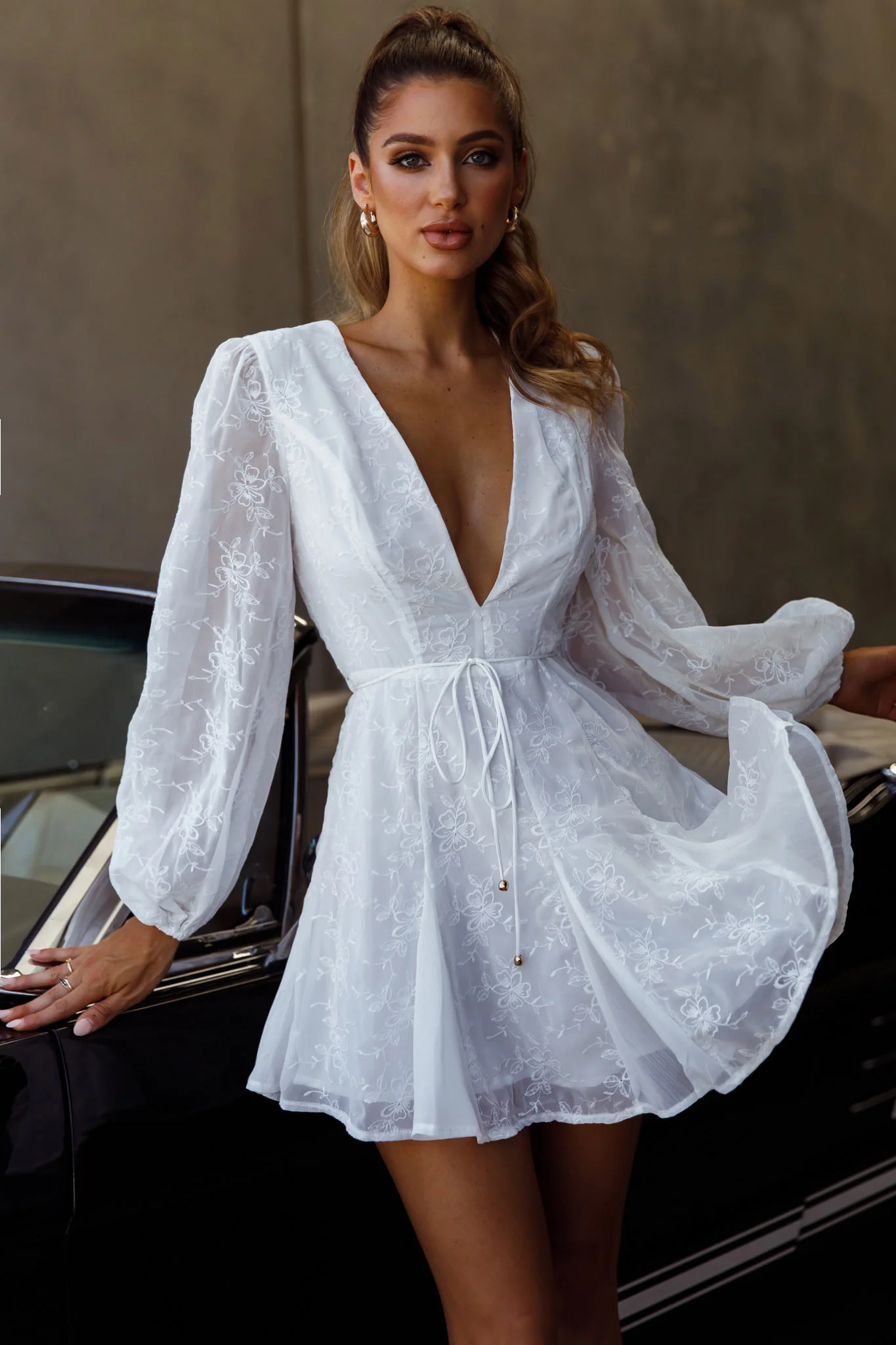 Estelle Long Sleeve V-Neckline Dress Embroidered White - Sonourner