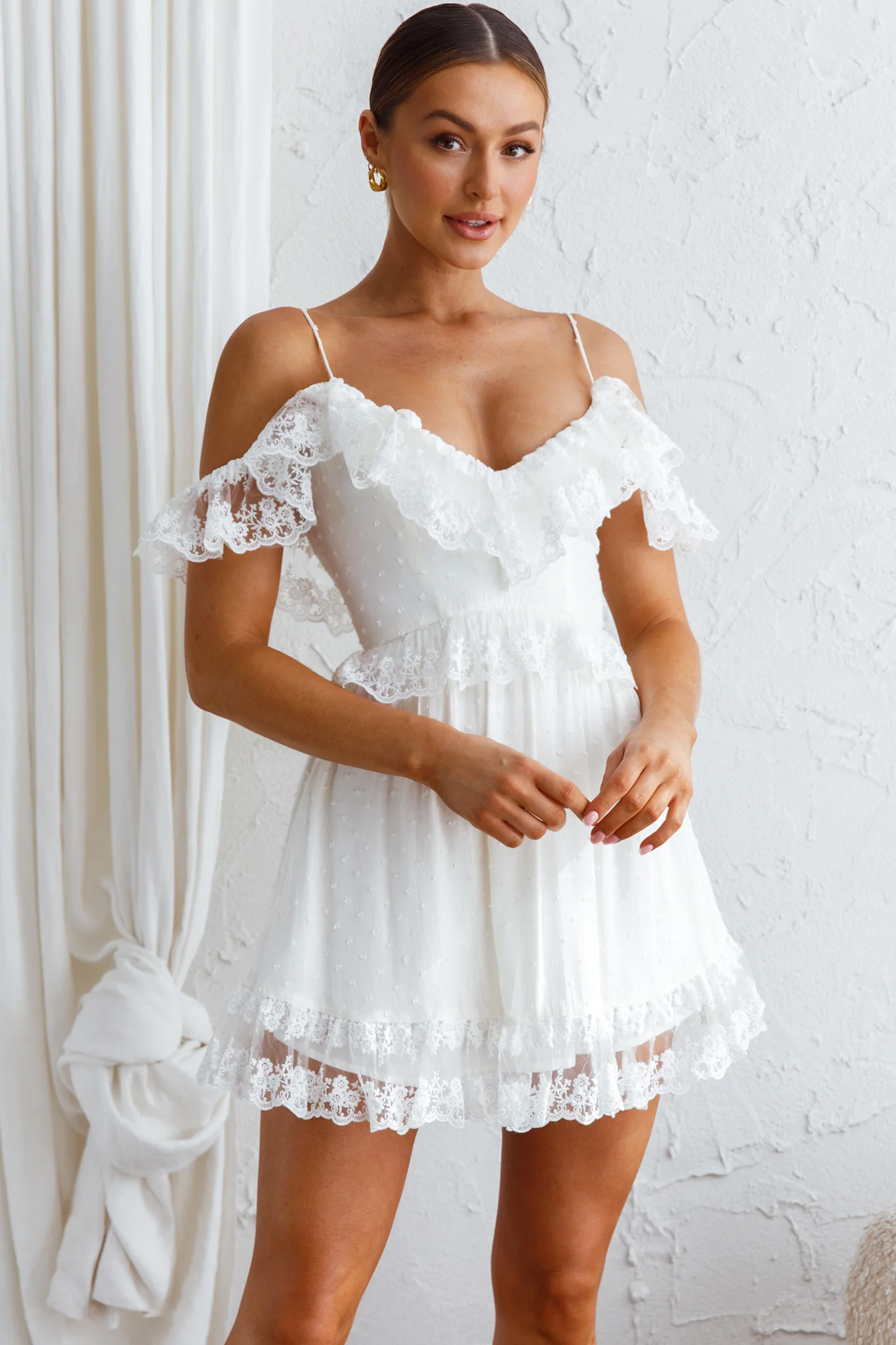 Good Morning Sunshine Off Shoulder Lace Frill Trim Mini Dress White - Sonourner